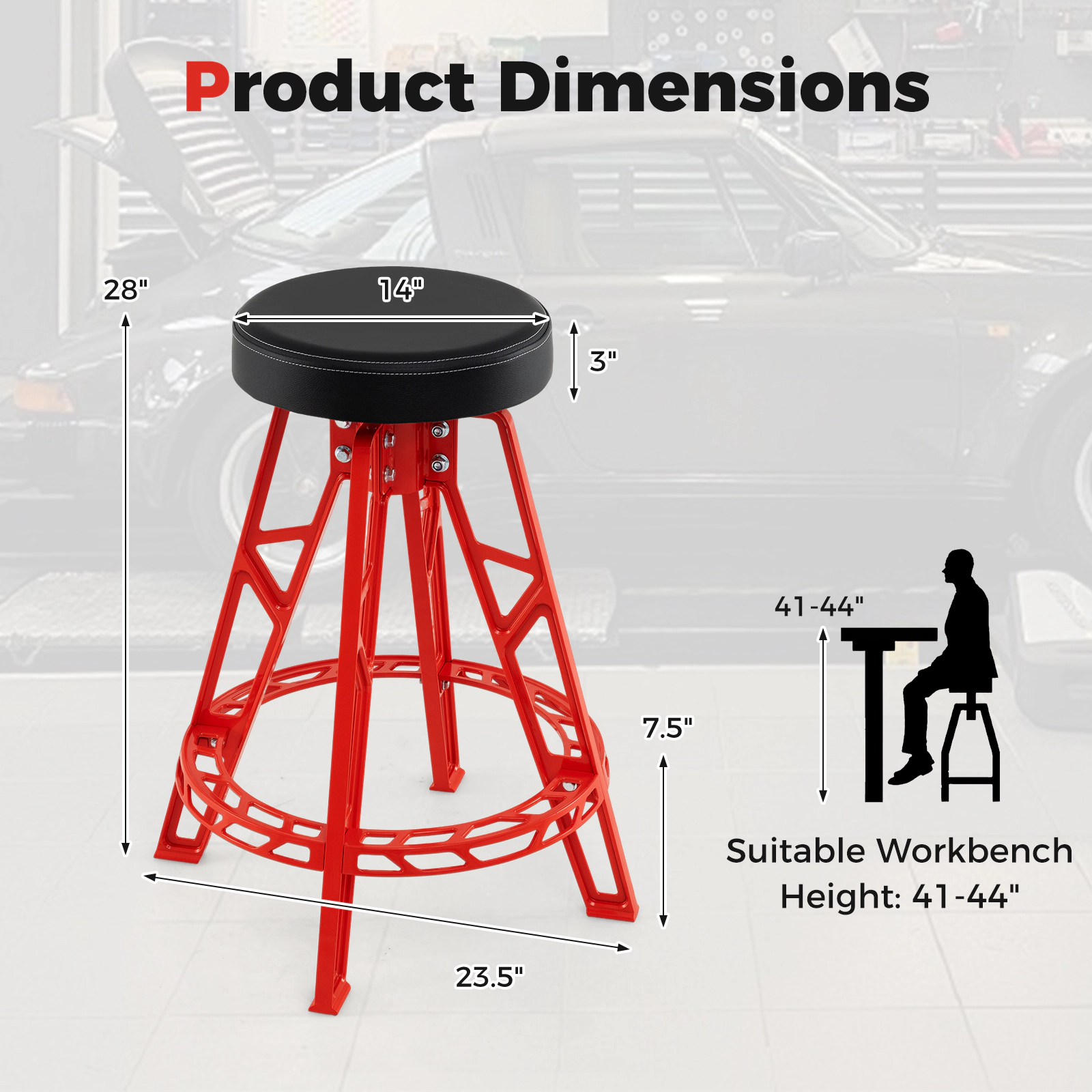 SUGIFT Heavy-Duty Garage Bar Chair with 360° Swiveling Seat 400-lb Capacity Red + Black
