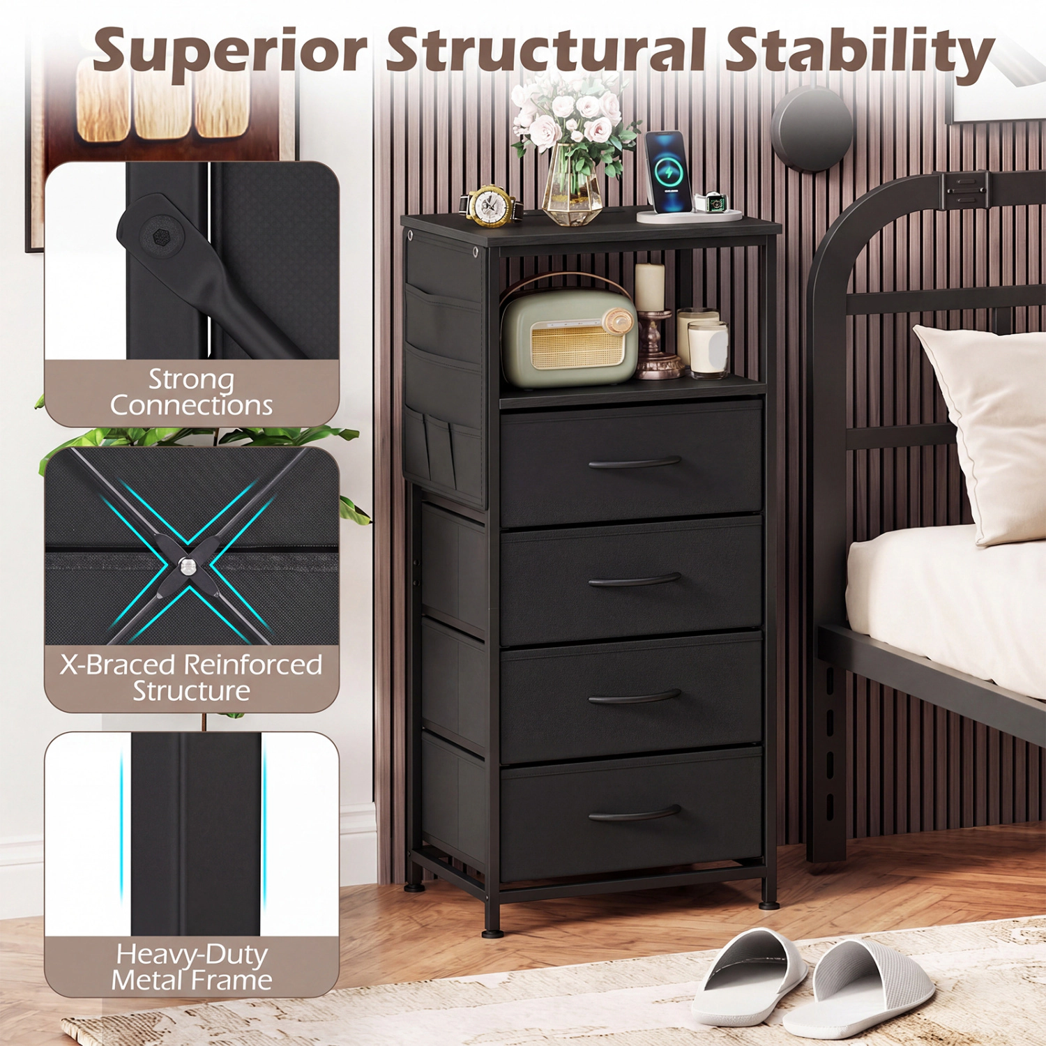 Hivvago Nightstand with Integrated Charging Station 34" Modern Bedside Table