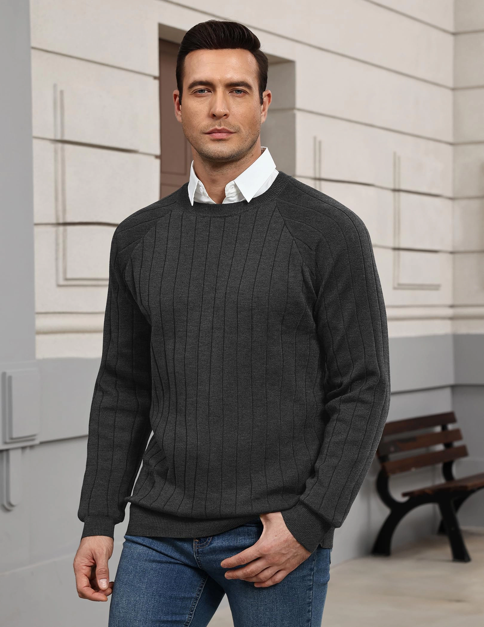 COOFANDY Mens Ribbed Knit Sweater Crew Neck Long Sleeve Raglan Fall Casual Pullover