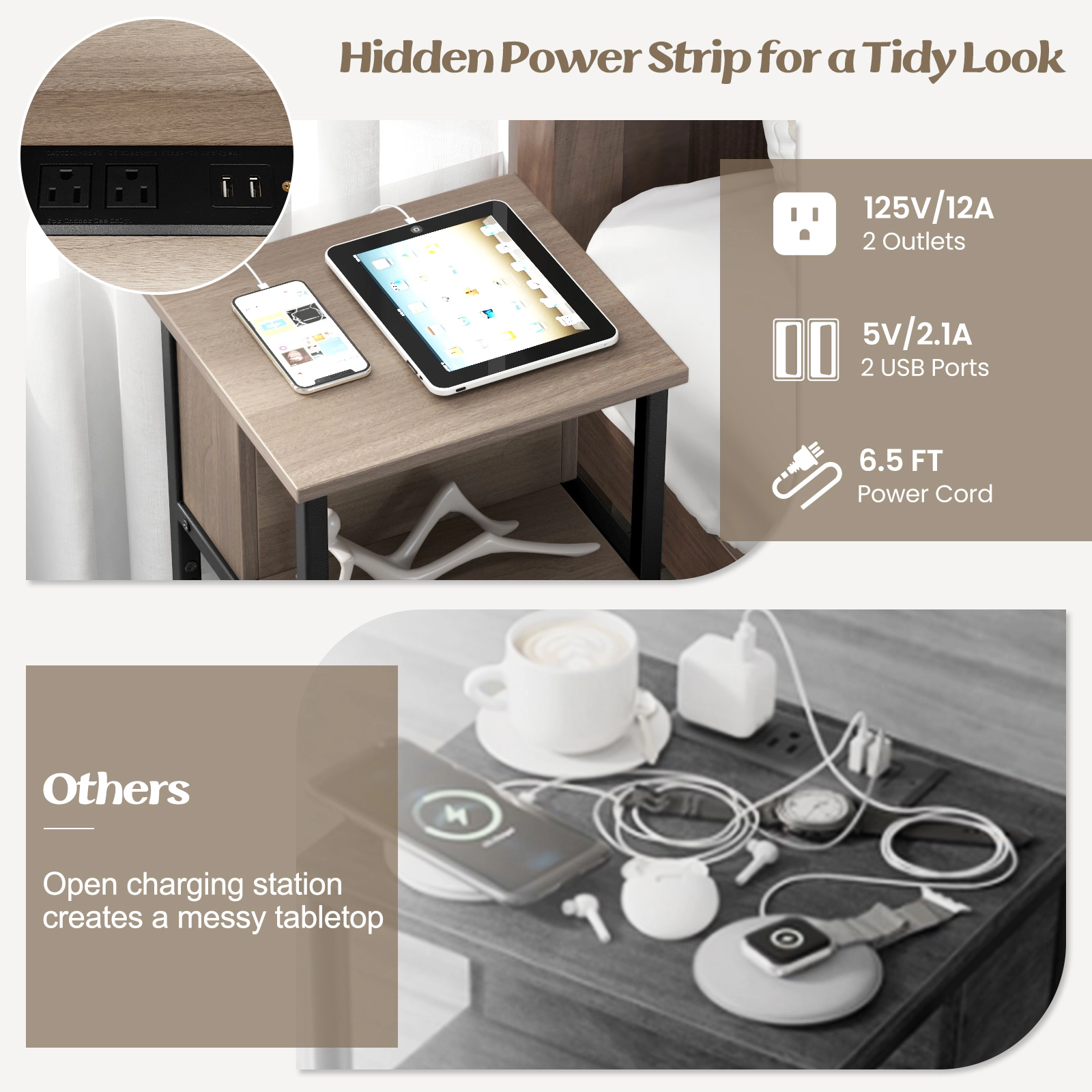 SUGIFT 3-Tier End Table with Hidden Power Strip 176-lb Total Capacity Gray & Black Engineered Wood and Metal 1 Piece