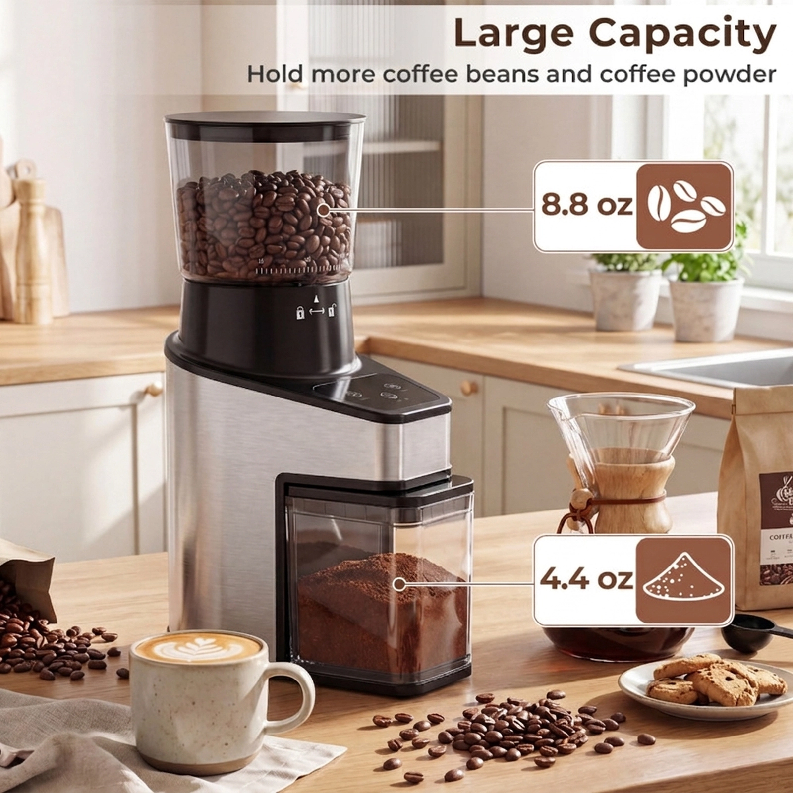 SUGIFT Conical Burr Electric Coffee Grinder 60 Grind Settings 8.8-oz Bean Hopper 1-8 Cups Digital Display Silver + Black