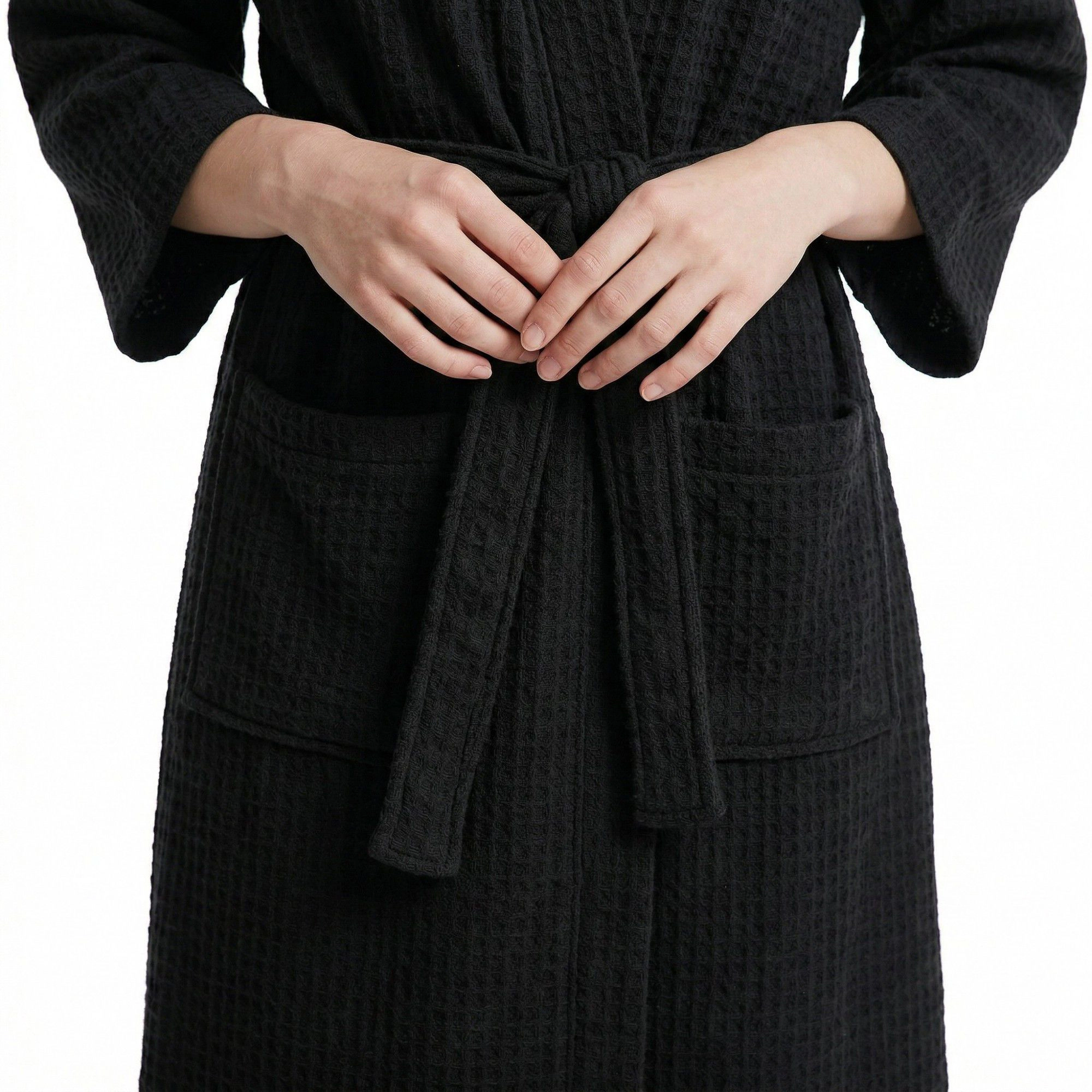 Anna-Kaci Women's Textured Knit Wrap Bathrobe Three Quarter Sleeves Adjustable Waist Tie Design and Front Pockets