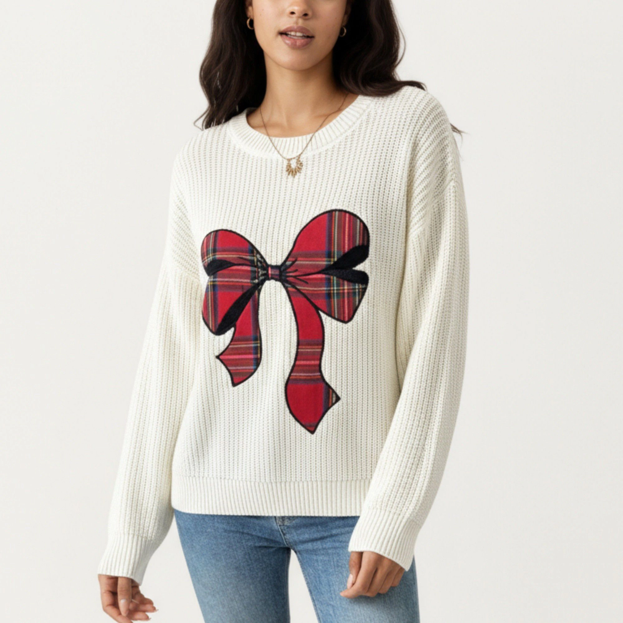 Anna-Kaci Women's Crew Neck Knit Sweater with Plaid Bow Graphic