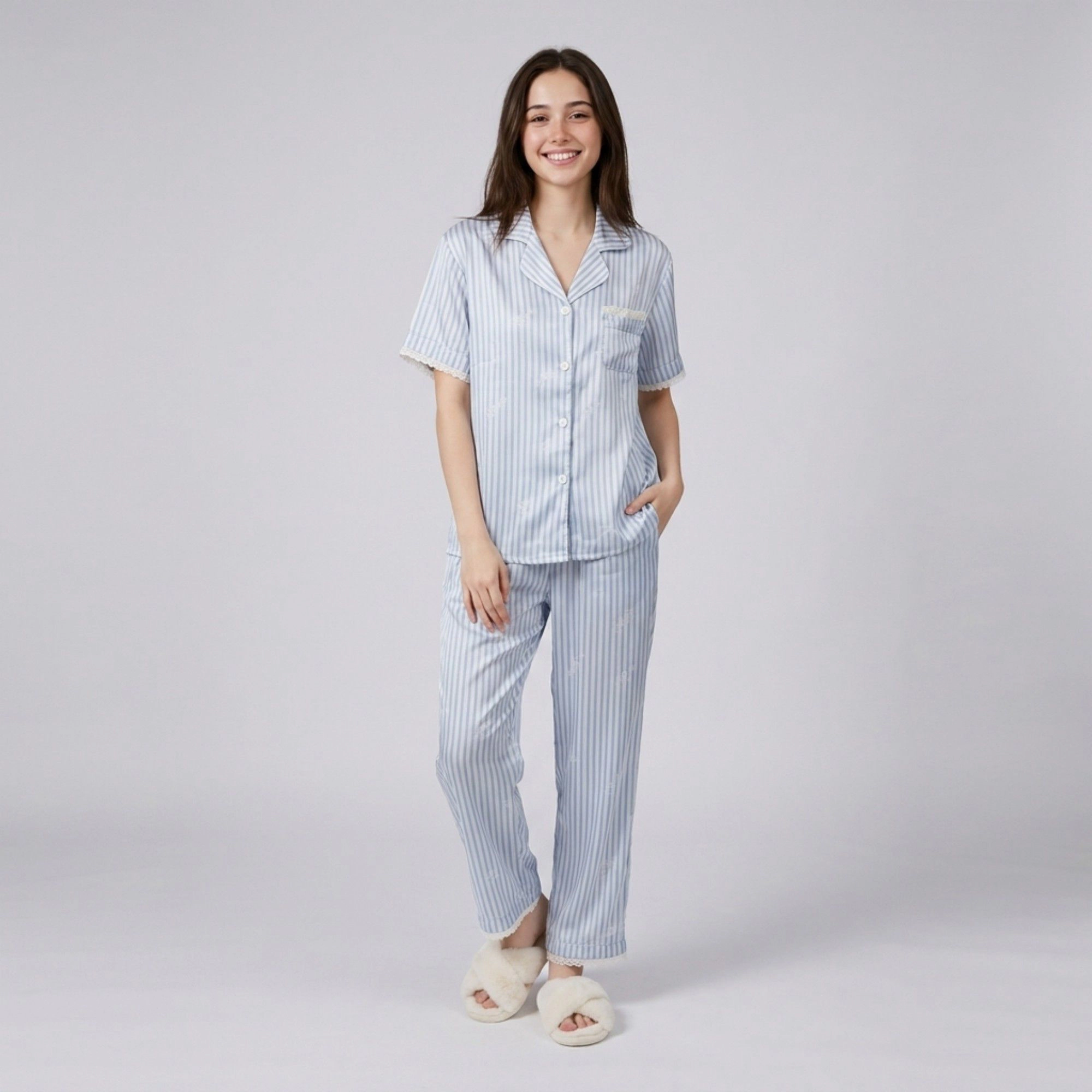 Anna-Kaci Women's 2-Piece Striped Pajama Set with Short Sleeve Button Top and Wide Leg Pants