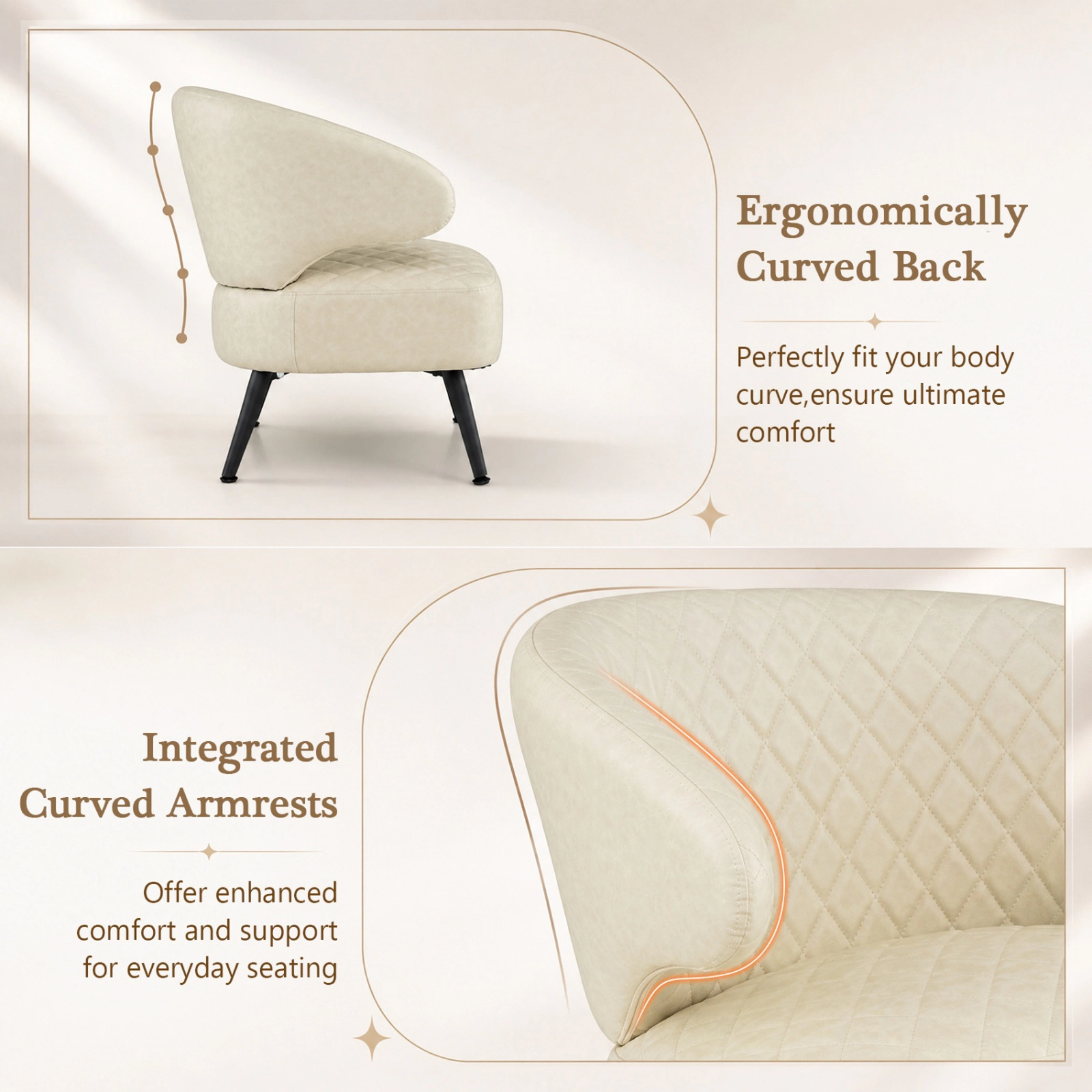 SUGIFT Diamond-Stitched PU Leather Mid Century Accent Armchair Curved Back 330-Lb Capacity 25 x 25.5 x 30 in Beige+Black