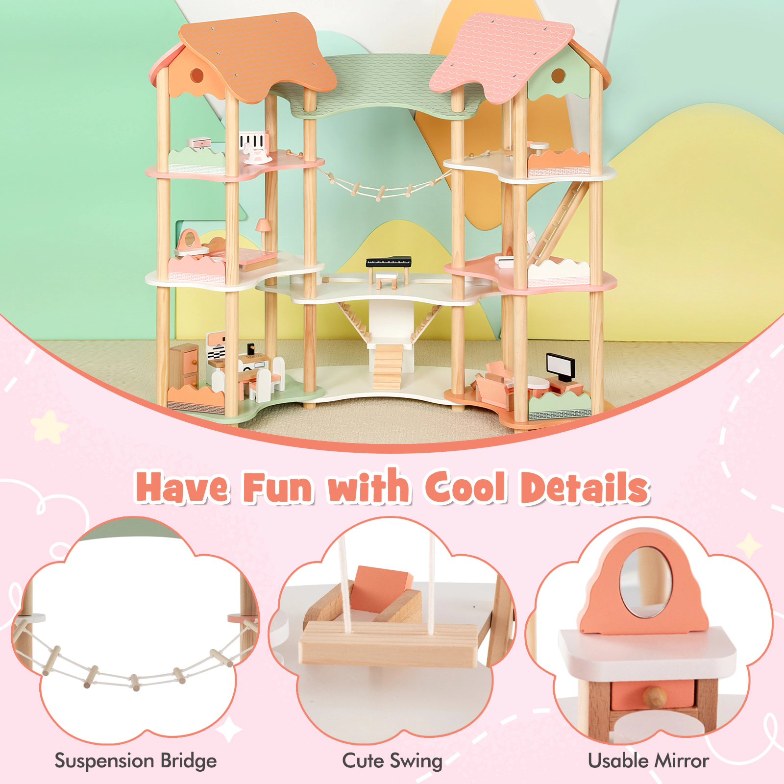 SUGIFT 3-Tier Wooden Dollhouse Playset with 31 Furniture Pieces for 3-6 in Dolls Ages 3-8 Pink+Green+Natural