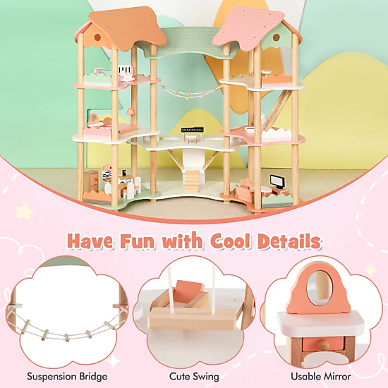 SUGIFT 3-Tier Wooden Dollhouse Playset with 31 Furniture Pieces for 3-6 in Dolls Ages 3-8 Pink+Green+Natural