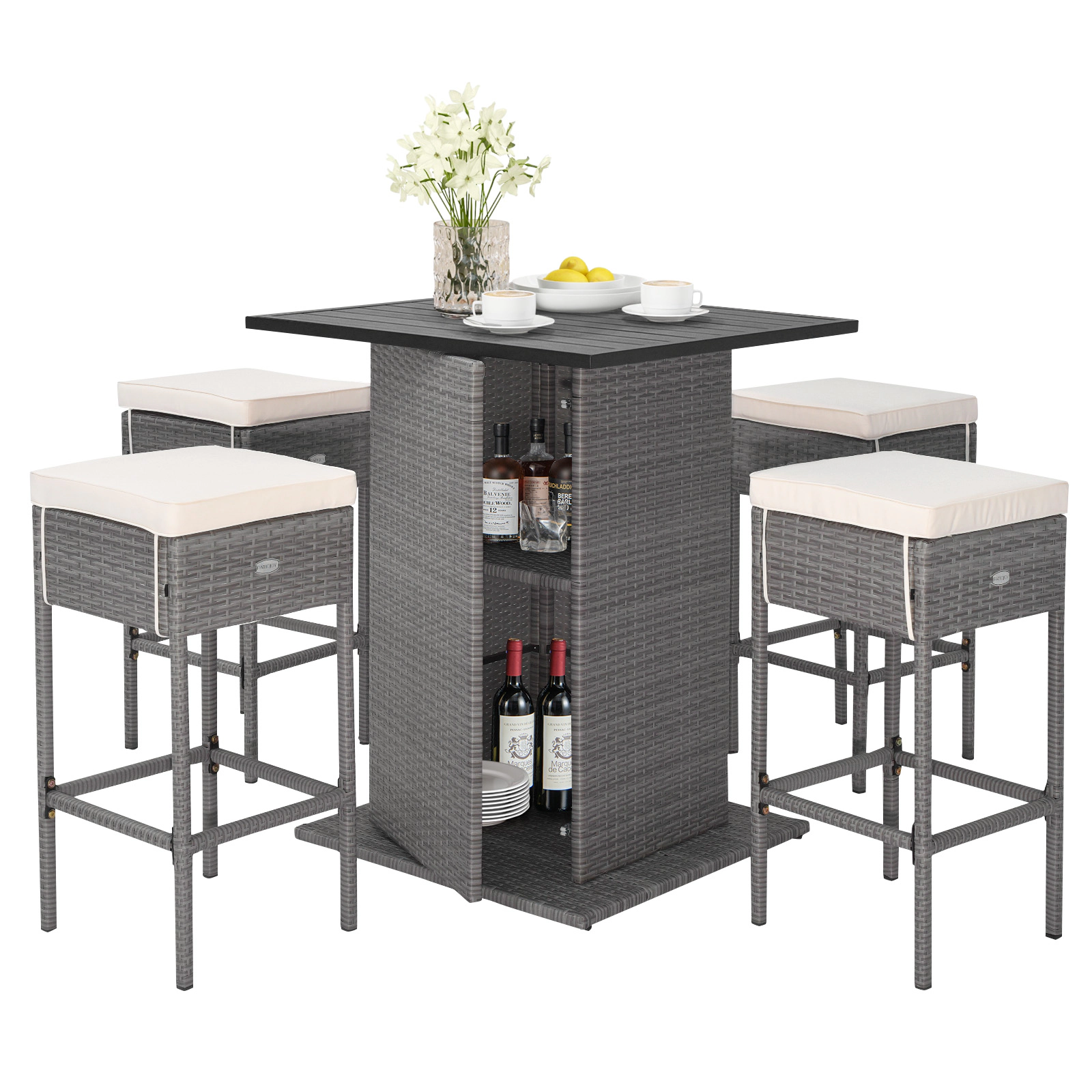 LJG 5 Pieces Outdoor Wicker Bar Table Set with Hidden Storage Shelves