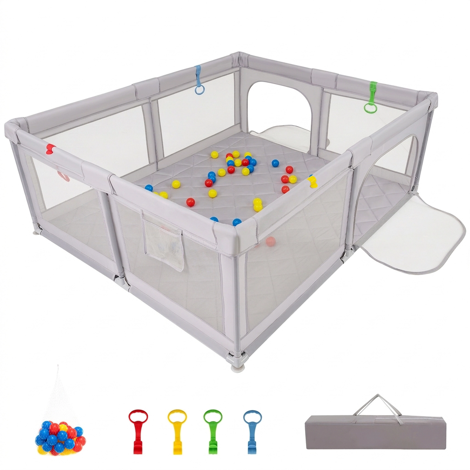 SUGIFT 73-in Large Baby Playpen with Waterproof Play Mat 50 Ocean Balls 4 Pull Rings and Mesh Storage Bag