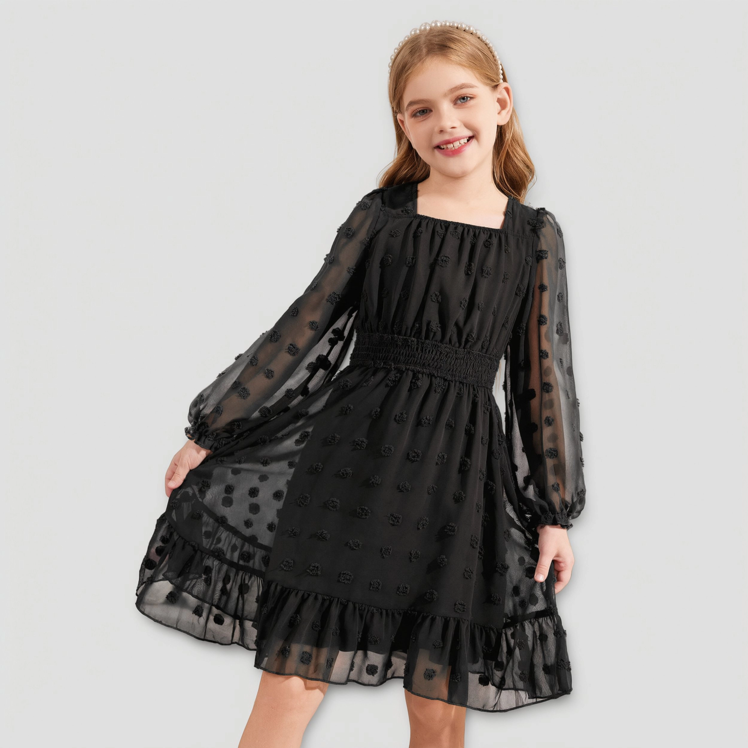 Arshiner Girls A-Line Dresses Chiffon Long Sleeve Square Neck Swiss Dot Flowy Casual Party Dress