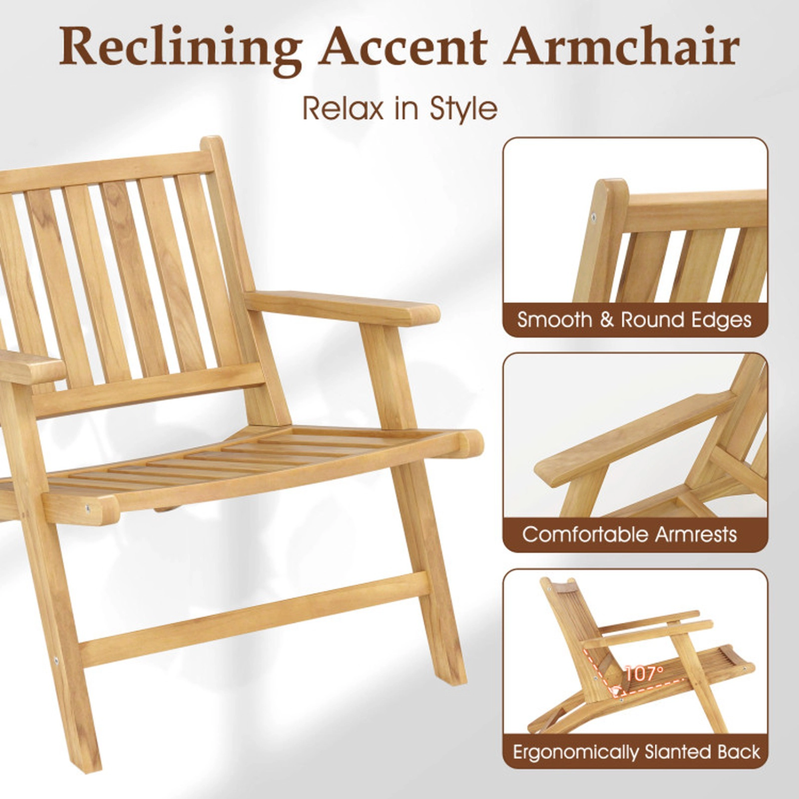 SUGIFT Natural Teak Wood Outdoor Reclining Chair, Angled Backrest, Wide Armrests, 352 lb Capacity