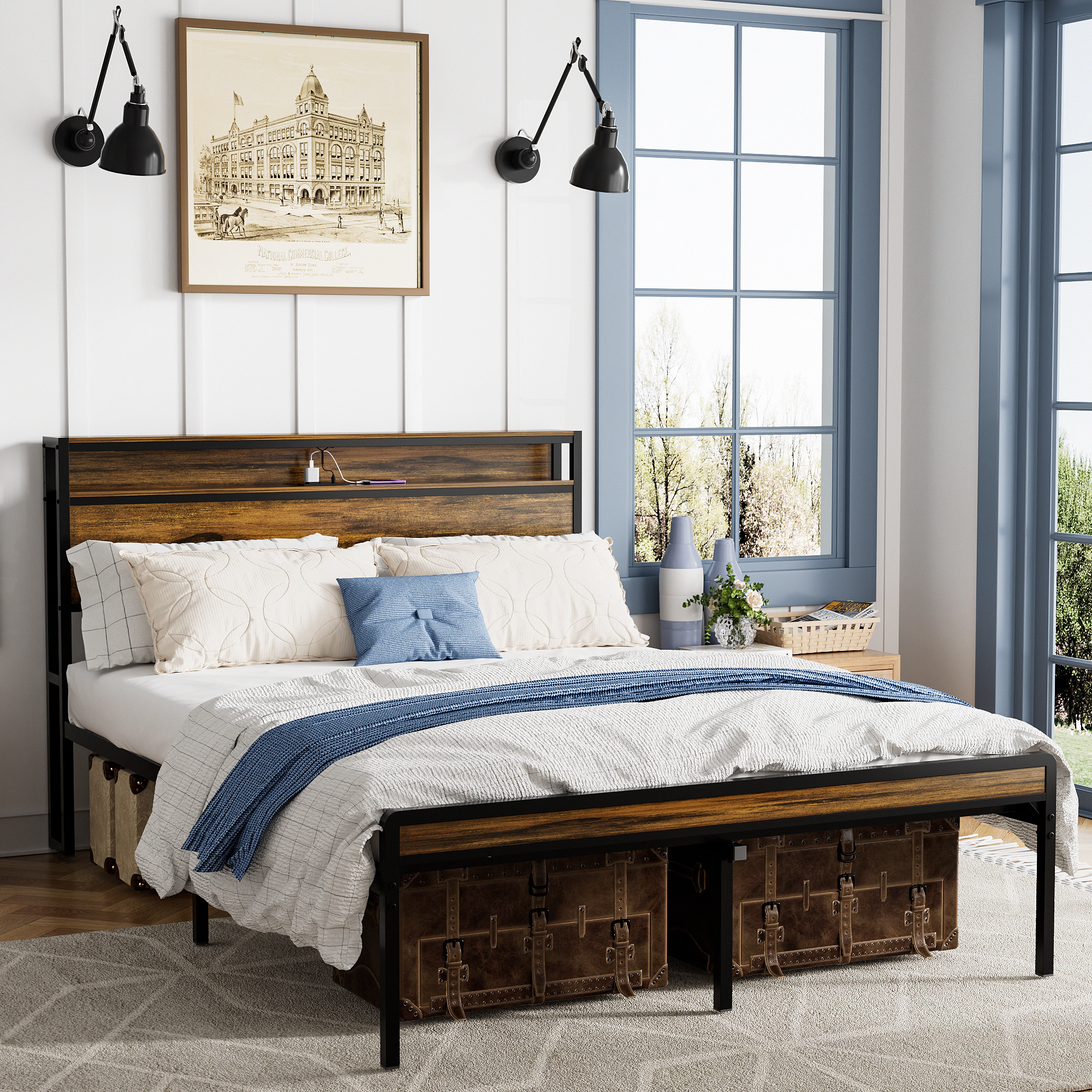 Flynama Queen Storage Bed Frame with LED Headboard, Charging Station, Vintage Brown