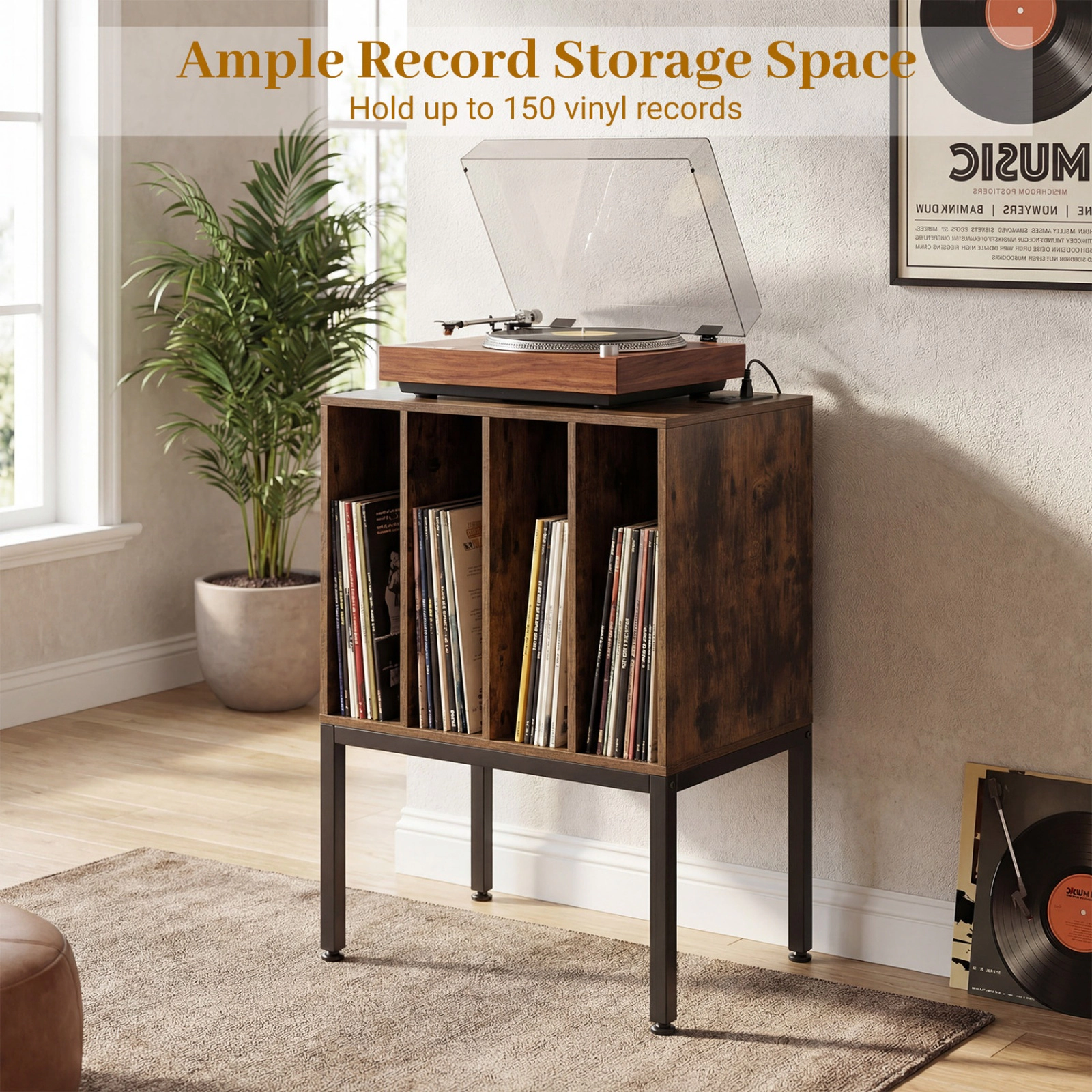 SUGIFT Turntable Record Player Stand with Power Outlets Accent Table 88-Lb Capacity Rustic Brown/Black/White