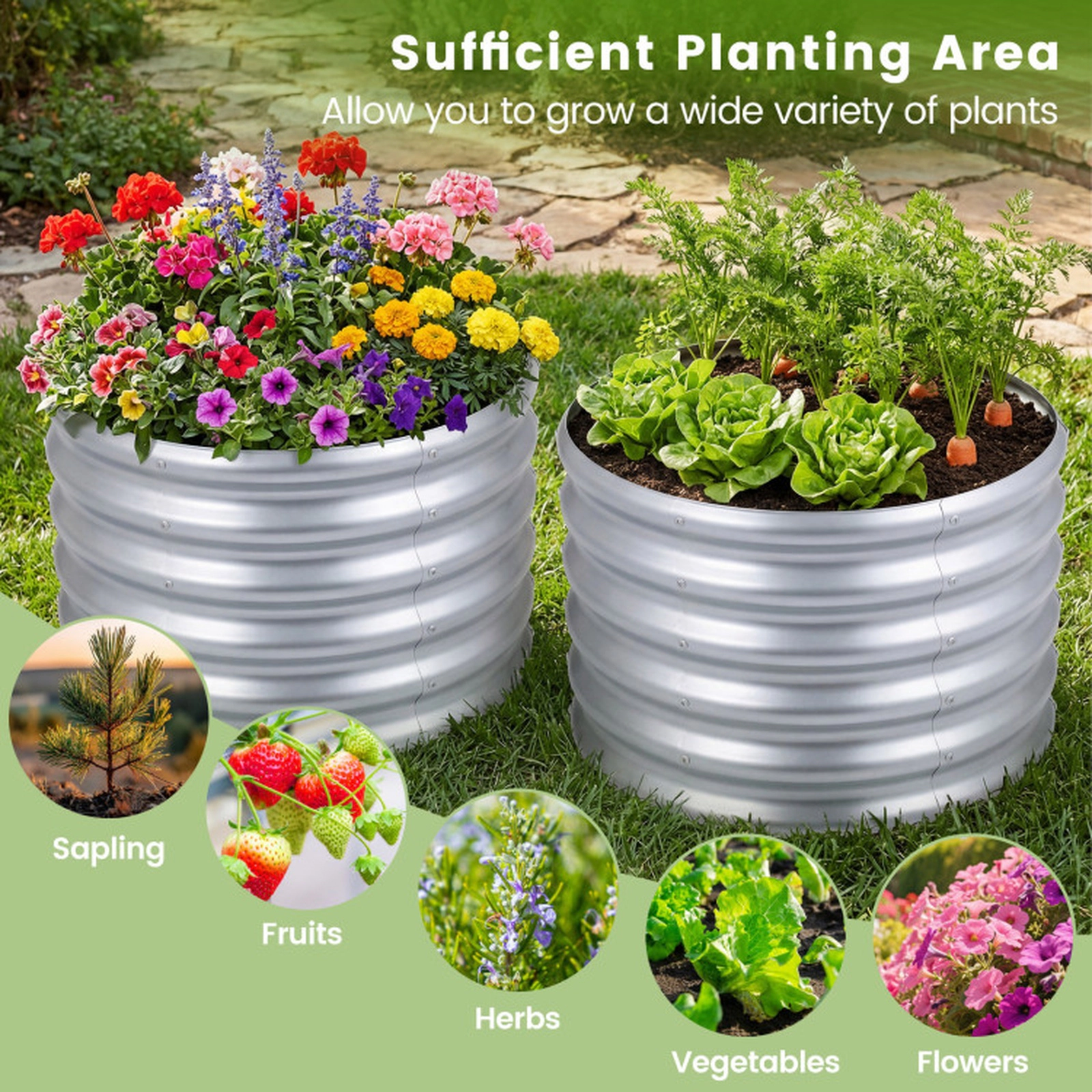 SUGIFT 24-in Round 17-in Deep Galvanized Metal Raised Garden Bed with Corrugated Walls and Open-Ended Base