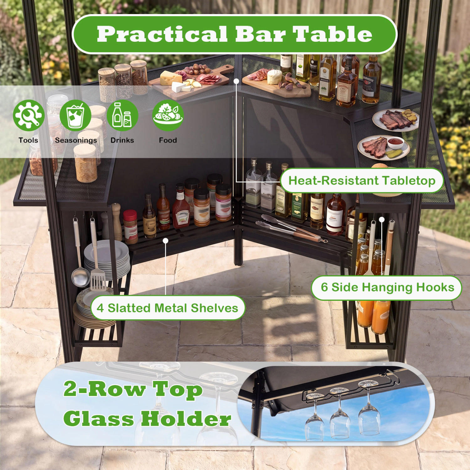 LJG BBQ Gazebo Canopy with 4 Slatted Metal Shelves 6 Hanging Hooks and 2-Row Glass Holders