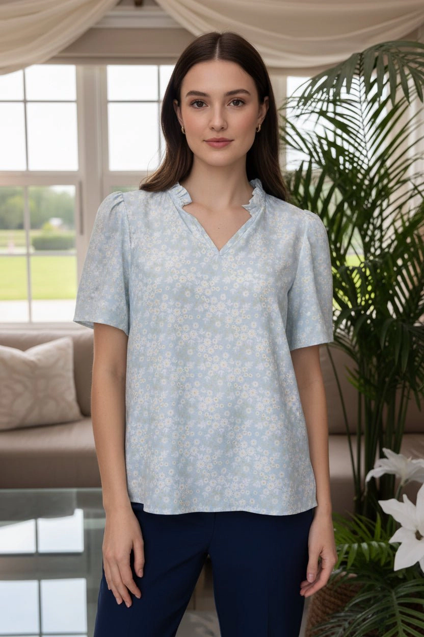 DressAtR Women's Floral Ruffle V Neck Pullover Half Sleeve Blouse