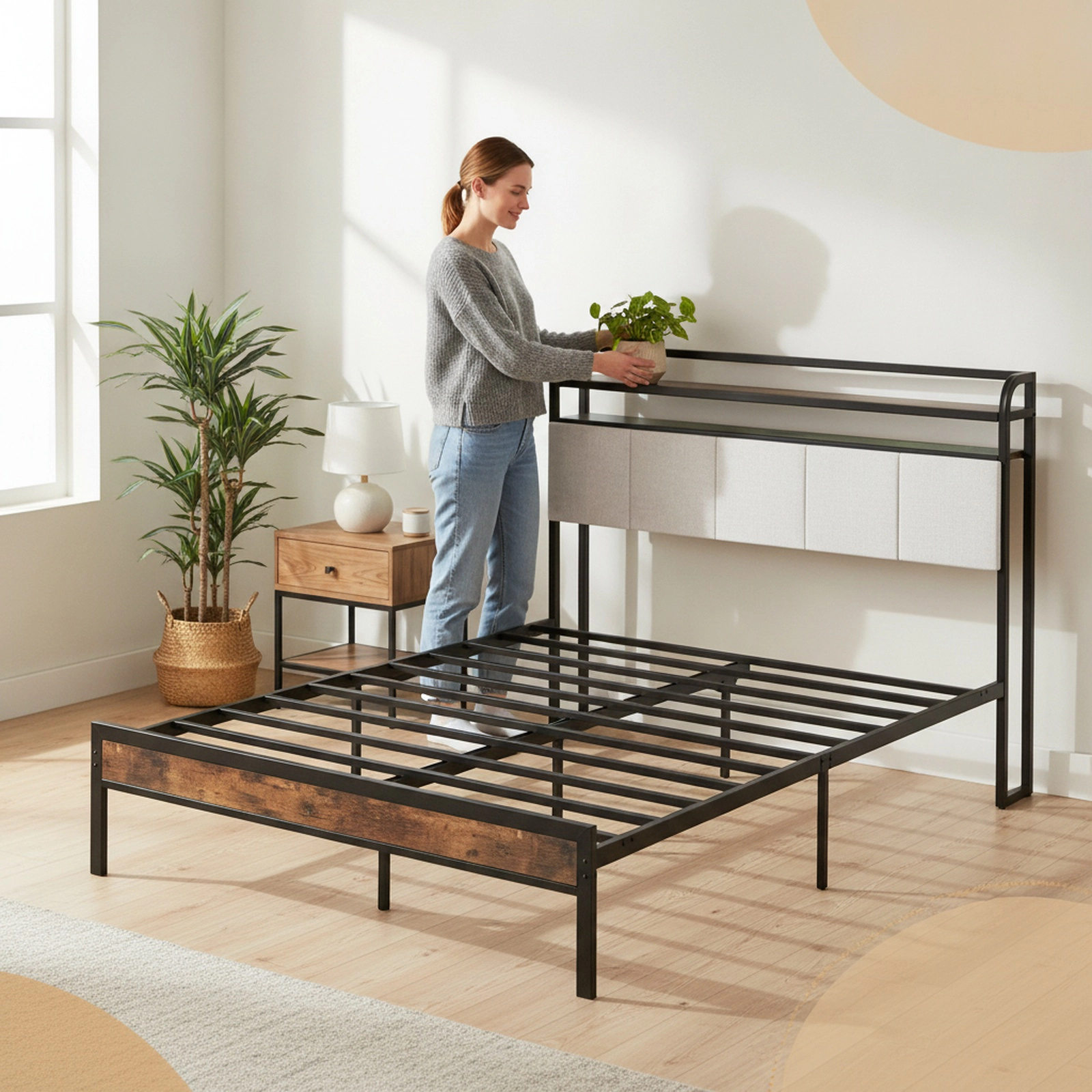 SUGIFT Queen Platform Bed with LED Headboard, Charging Station and 2-Tier Shelf, Rustic Brown