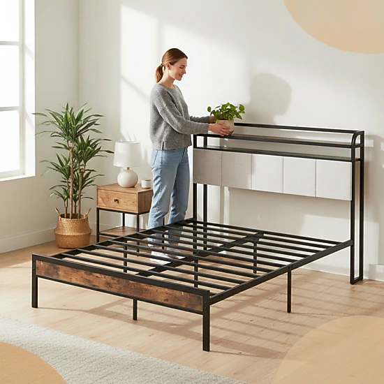 SUGIFT Queen Platform Bed with LED Headboard, Charging Station and 2-Tier Shelf, Rustic Brown
