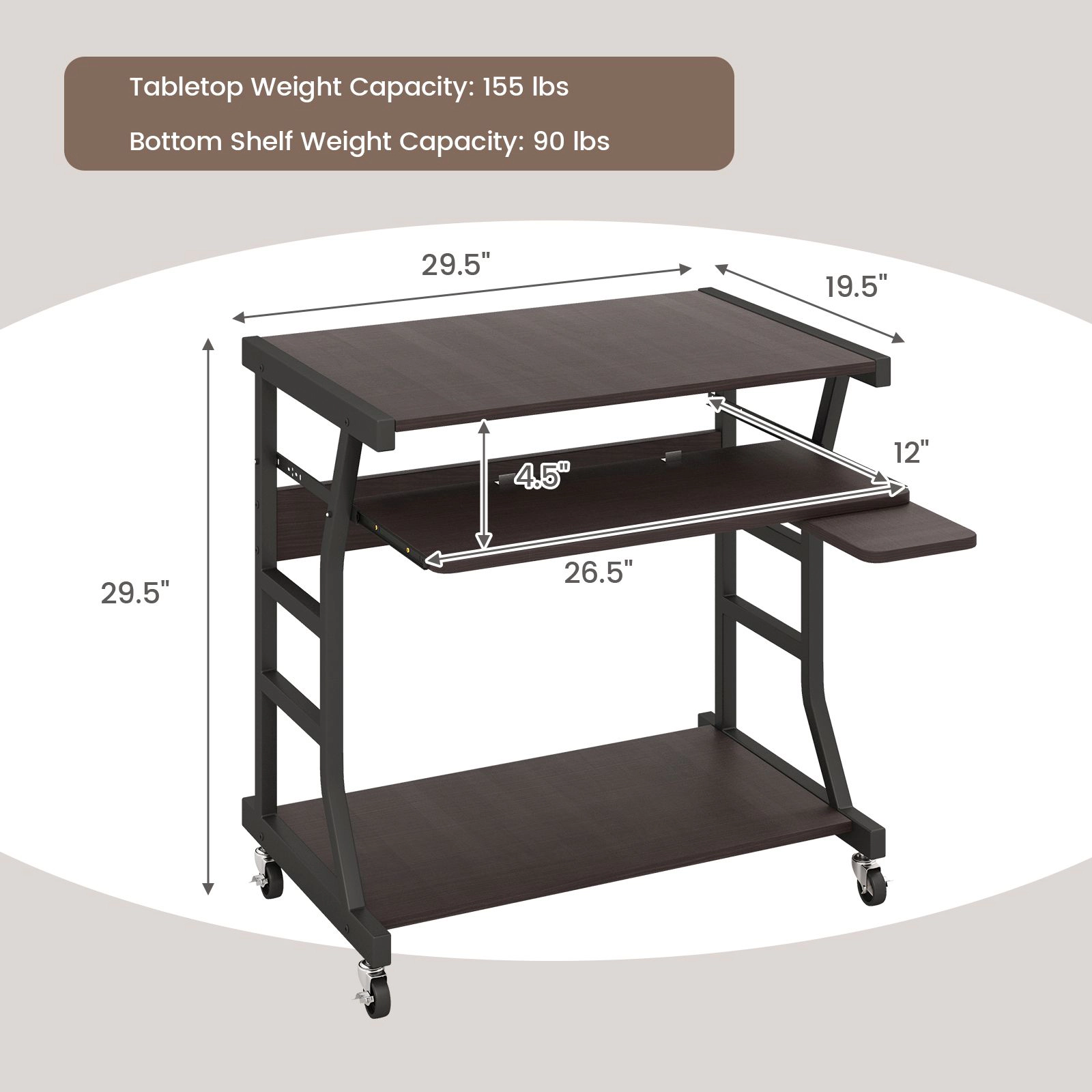 SlickBlue Small Rolling Computer Cart with Keyboard and Storage Shelf