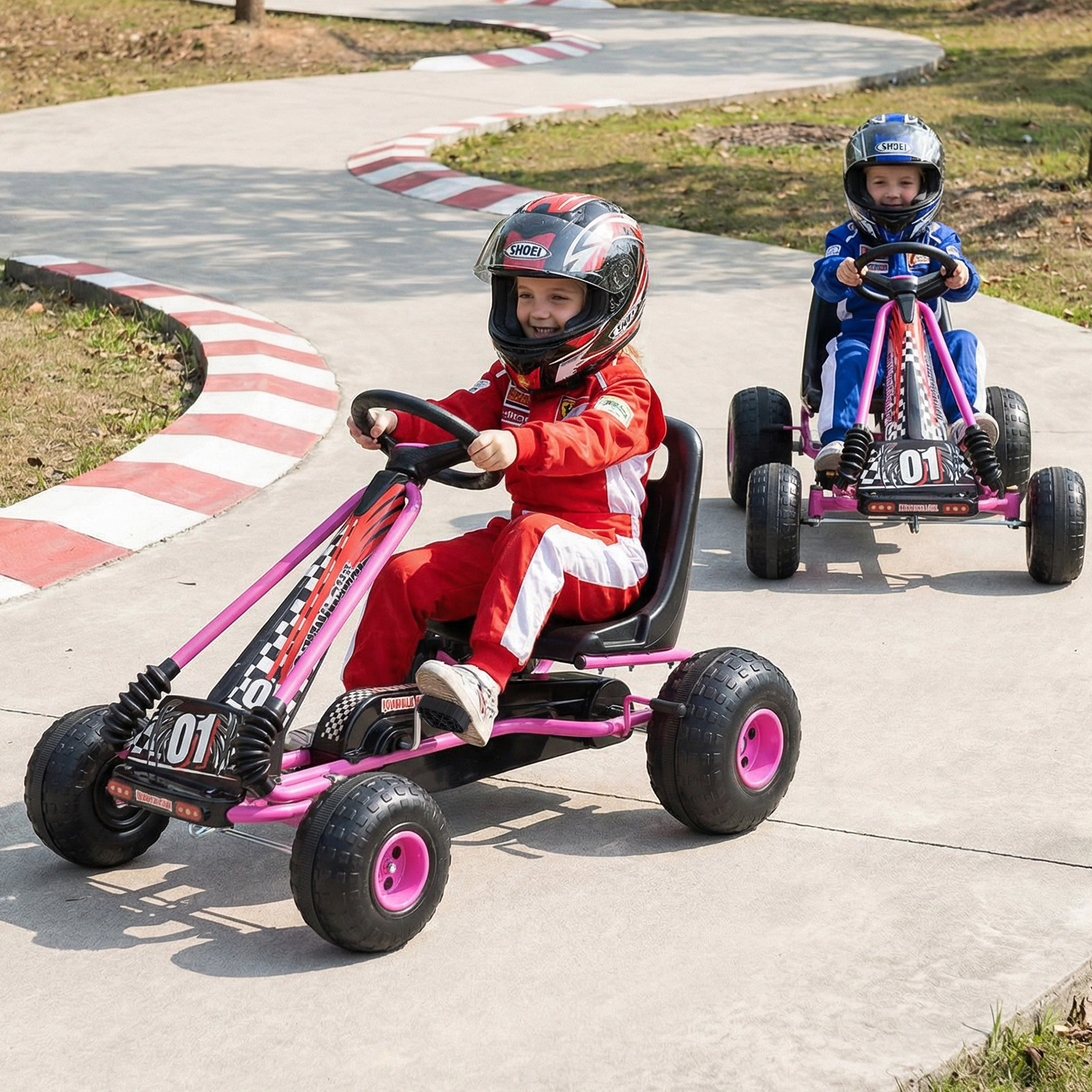 Kids 4-Wheel Pedal Powered Ride On 2-Position Adjustable Seat Handbrake Multi-Terrain Wheels Ages 3-8 Pink Pedal Go Cart