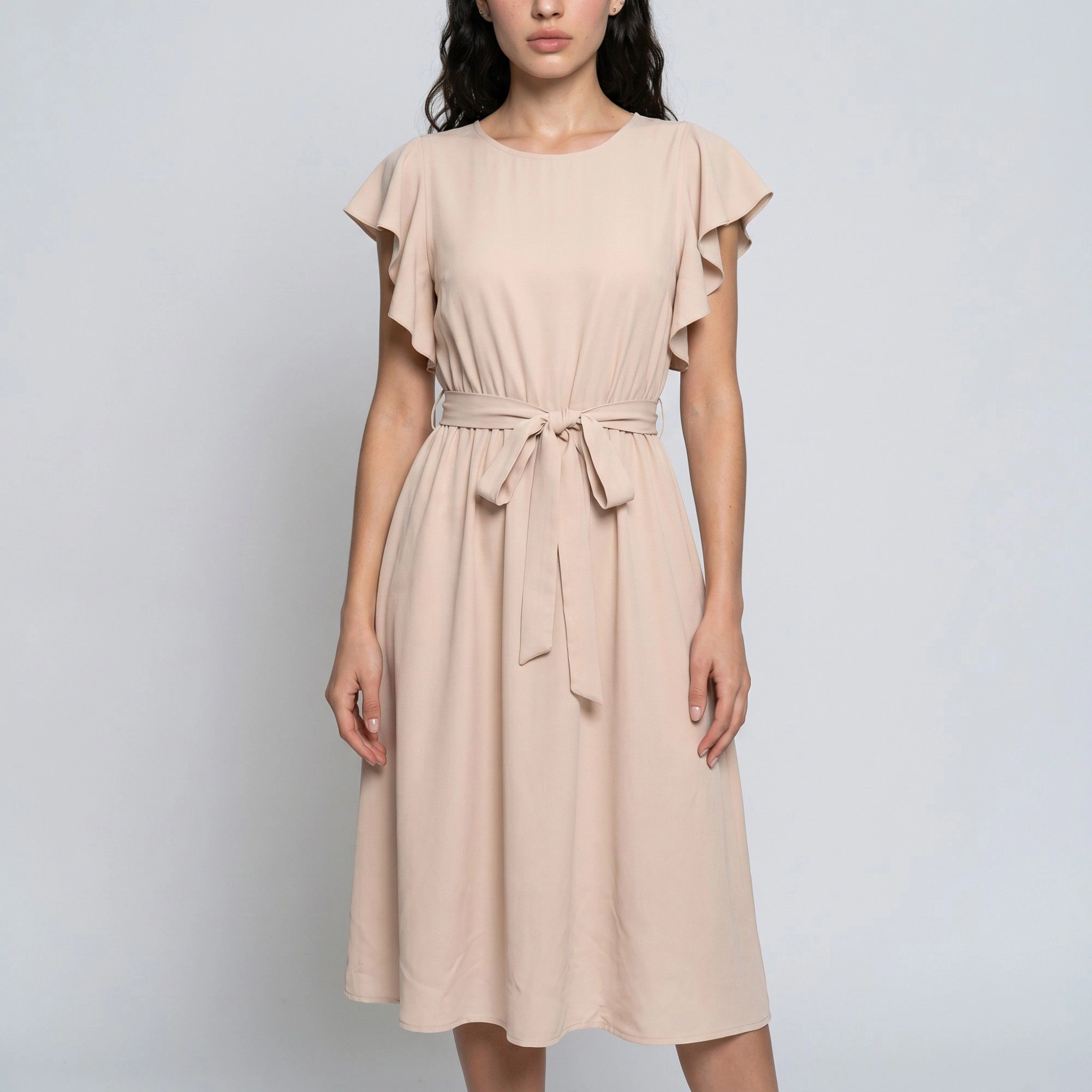 Anna-Kaci Women's Flutter Sleeve Tie Waist Round Neck A-Line Skirt Gathered Midi Dress