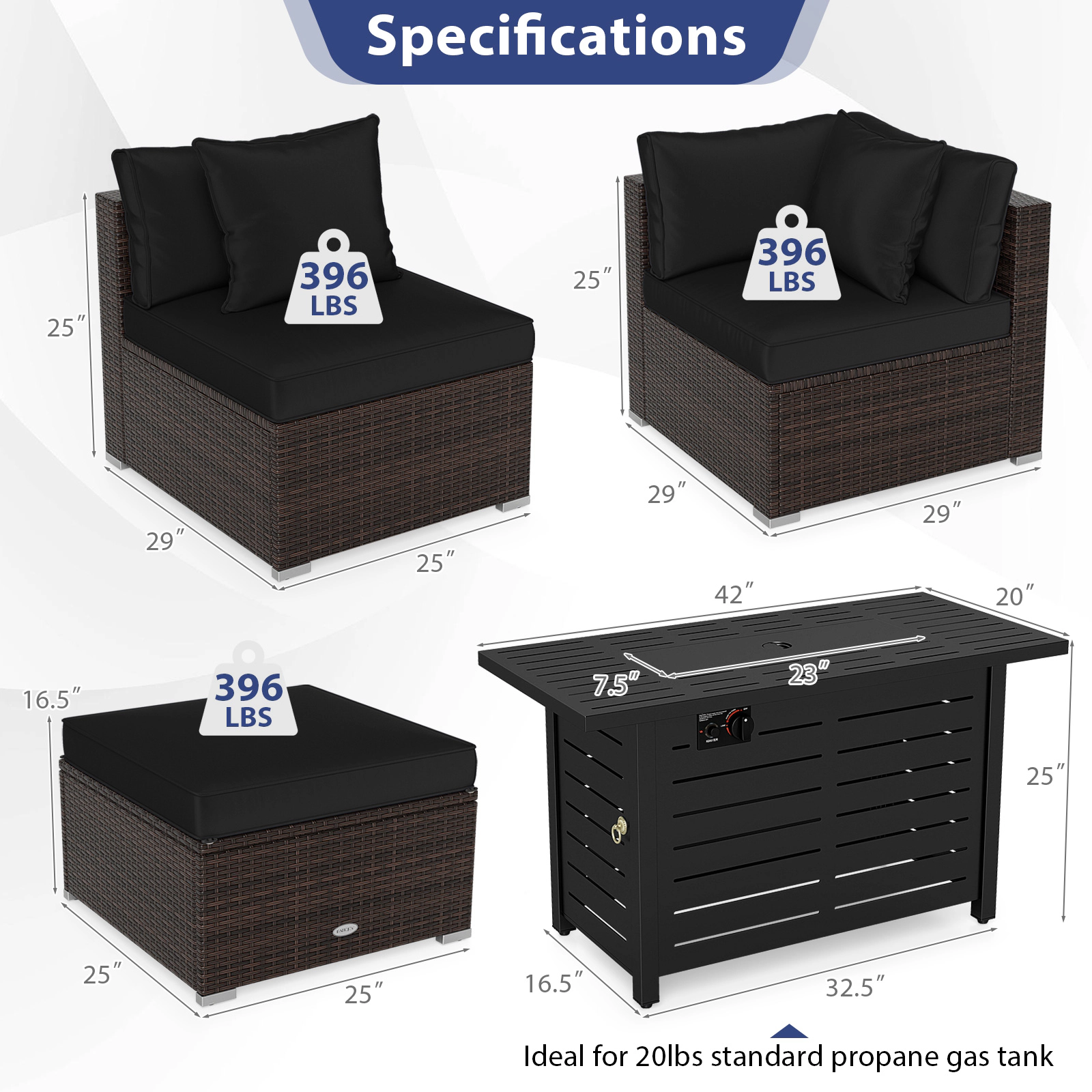 LJG Heavy-duty Frame Rattan Sofa Set with 60000 BTU Firepit Table