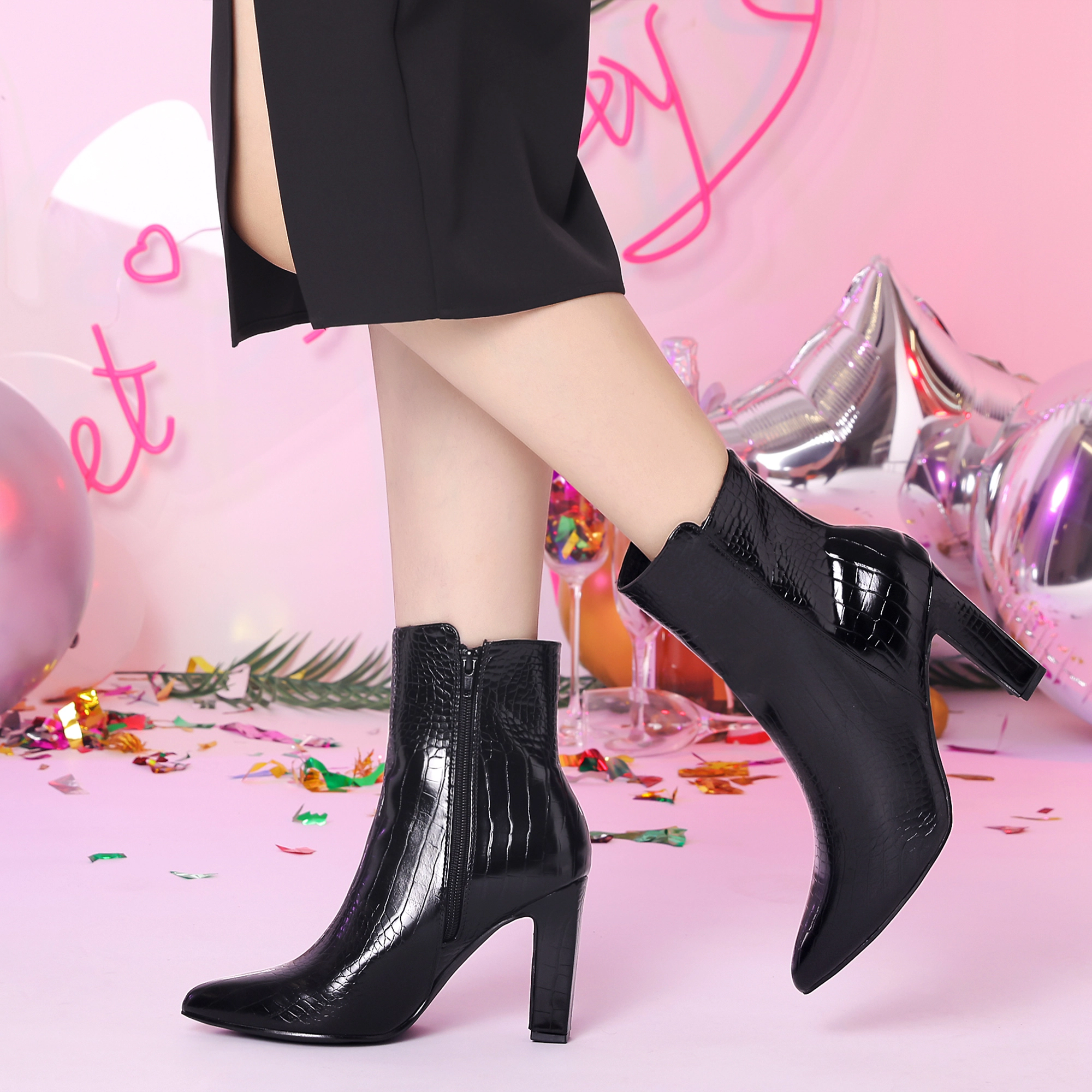 BLISSFUL STEP Women Printed PU Pointed Toe Chunky Heels Side Zipper Ankle Boots