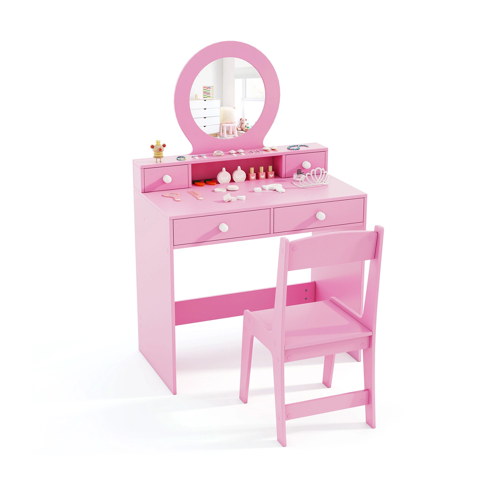SUGIFT Kids Vanity Table and Chair Set with Acrylic Mirror 110-lb Tabletop and 165-lb Chair Capacity Ages 3+ Pink/White