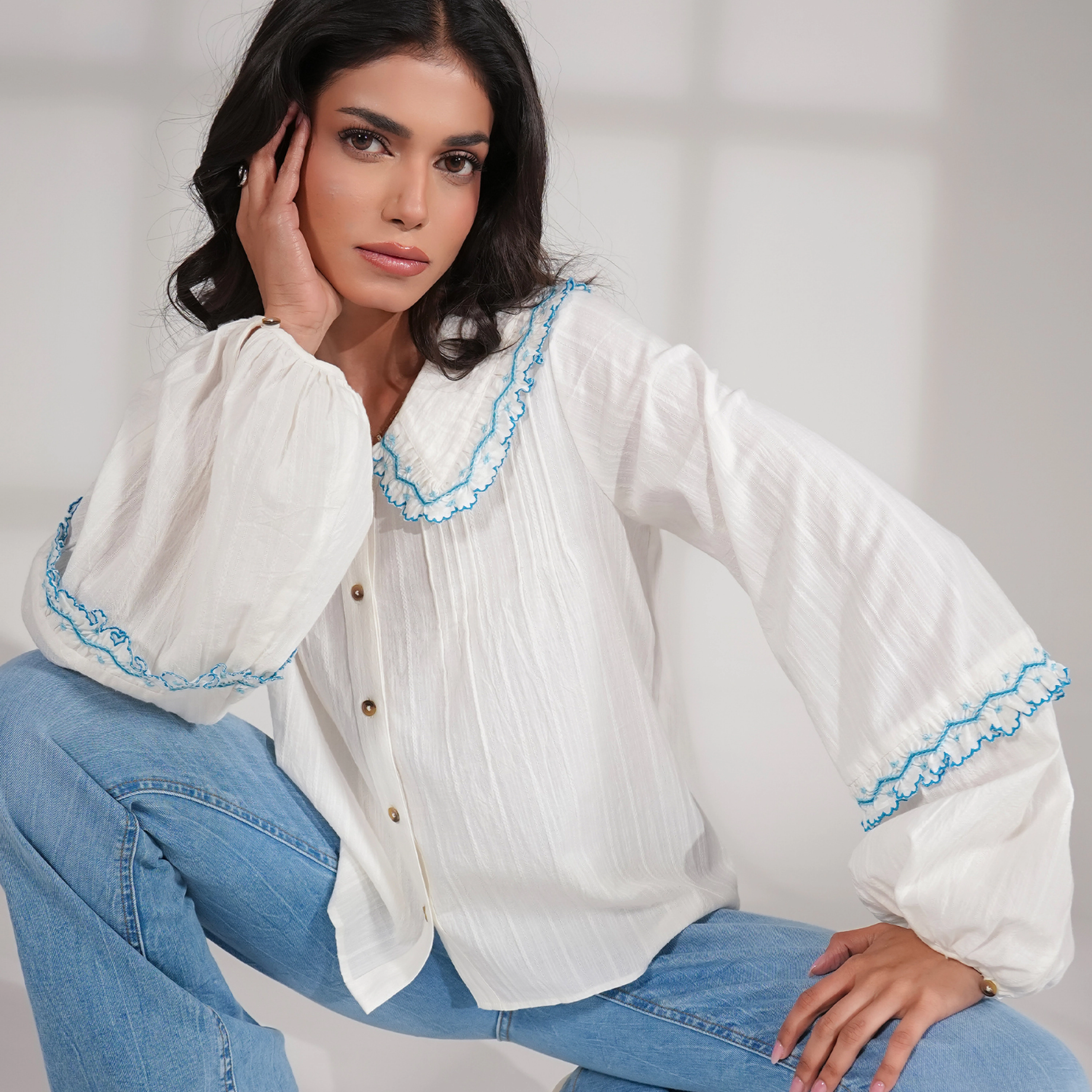 Rose & Nancy Women's Angie Ivory Embroidered Collar Shirt
