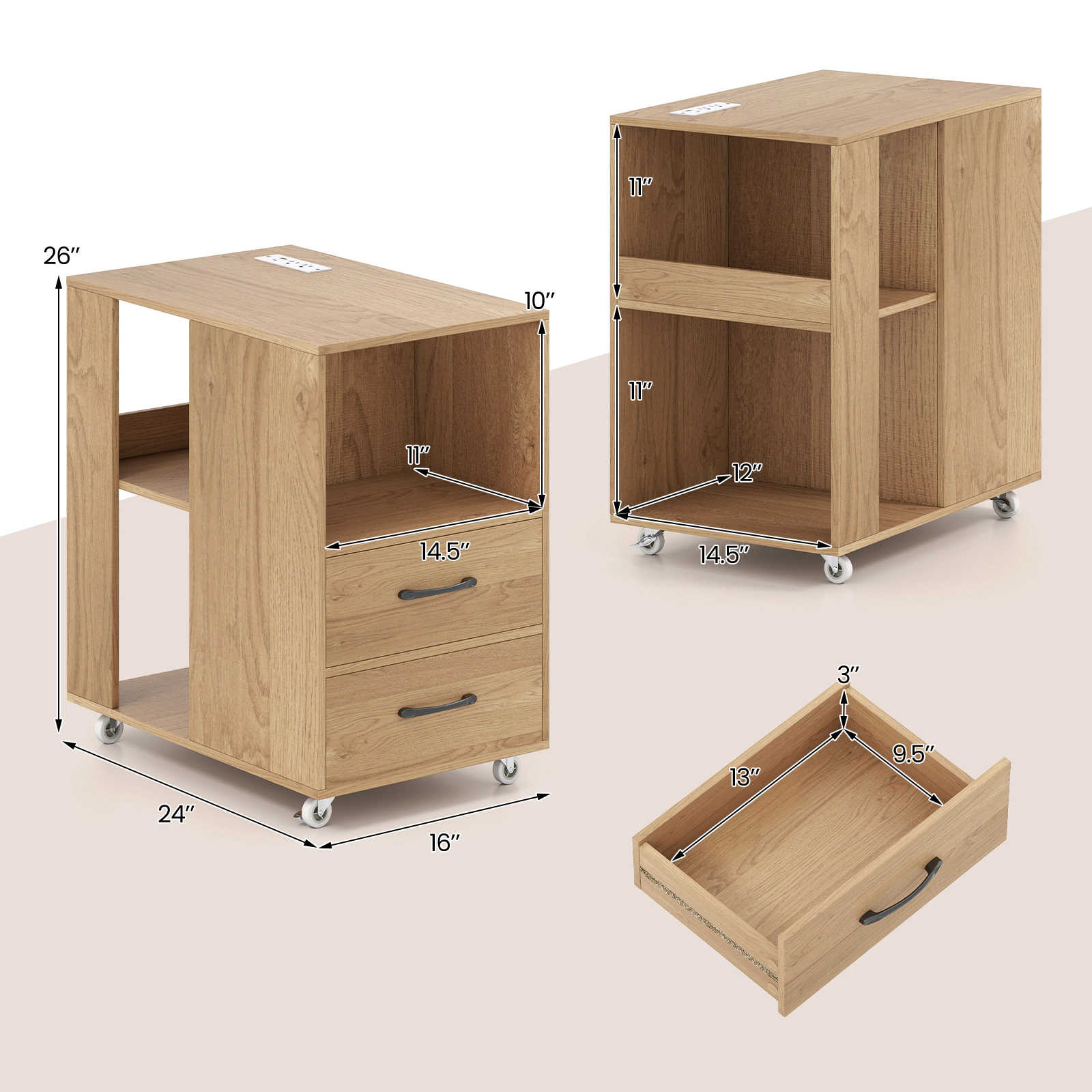 SUGIFT End Table with Built-in Charging Station Sofa Side Bedside Table on Wheels Natural/White