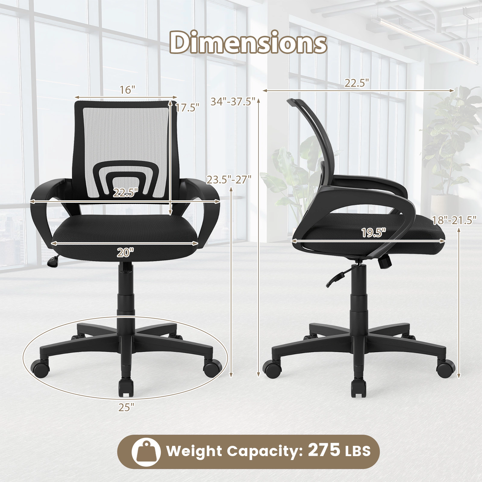 SUGIFT Mid-Back 275-lb Capacity Black Breathable Mesh Ergonomic Computer Desk Chair with Lumbar Support