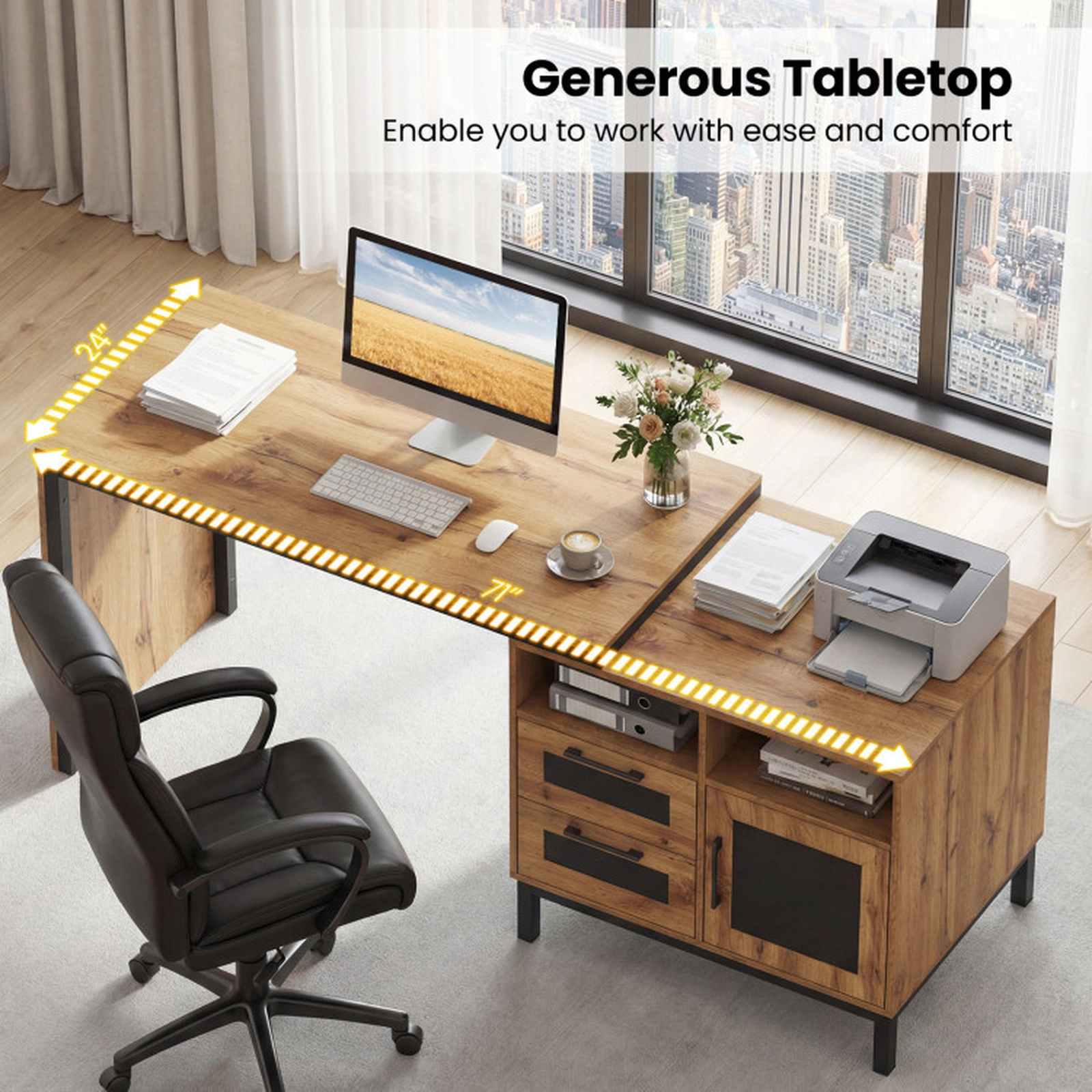SUGIFT Natural 2 Drawers Open Compartments and Cabinet 71 Inch Executive Computer Desk