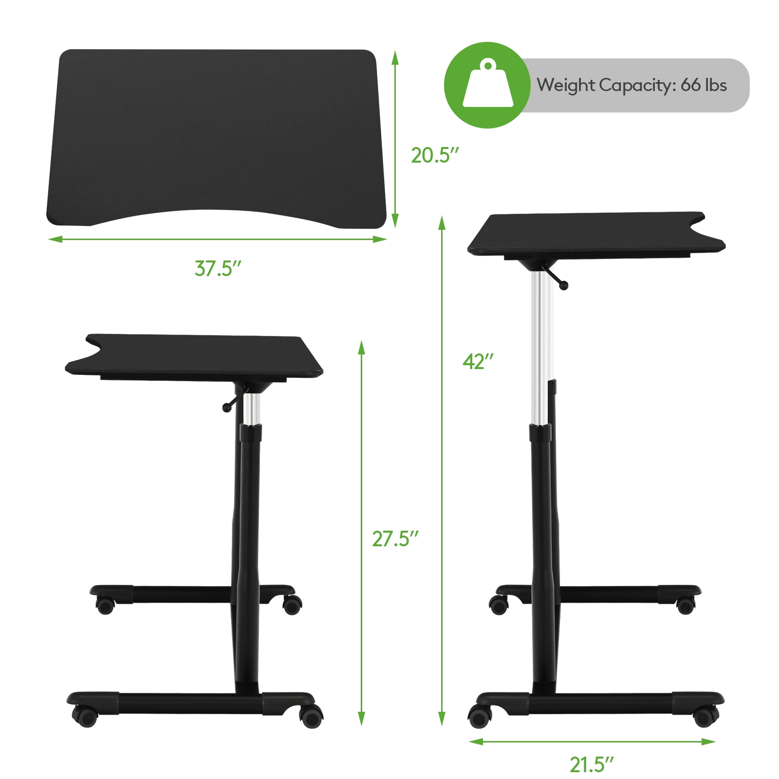 SUGIFT Height Adjustable Rolling Computer Desk 66-lb Capacity 37.5-in Work Surface Black White Brown Natural