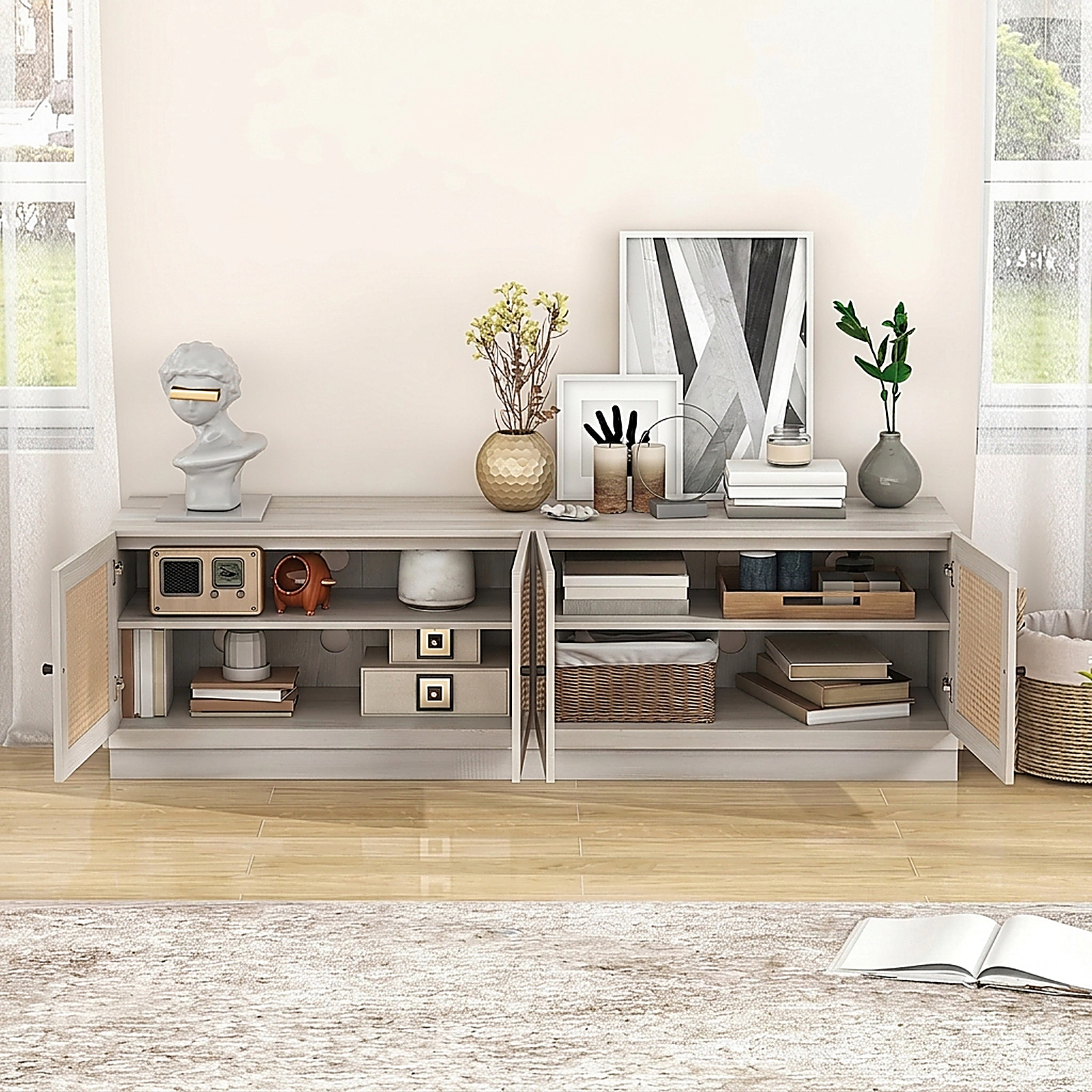 SUGIFT 70-In White Farmhouse TV Stand for TVs Up to 75 Inches, 4 PE Rattan Doors