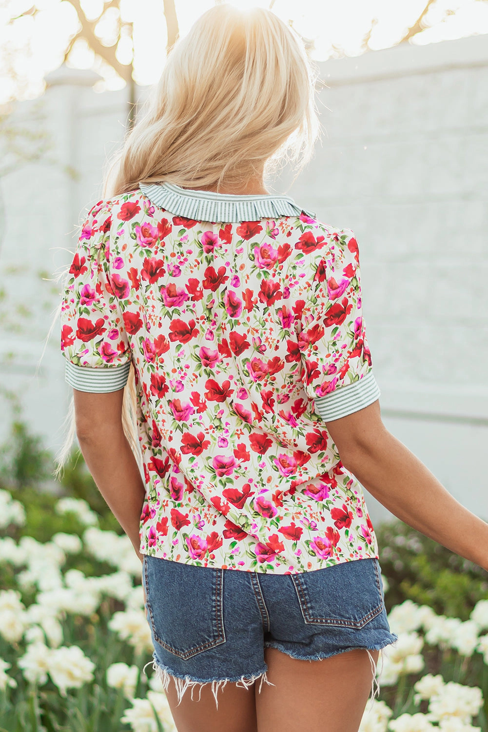 Threaded Pear Women's Romy Floral Striped Patchwork Collared Short Sleeve Blouse