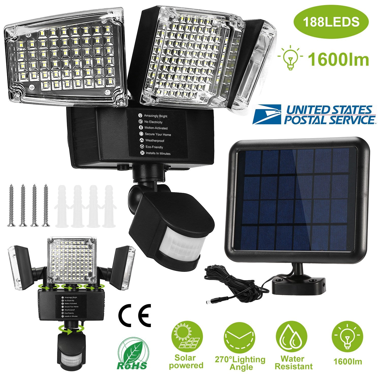 GBruno 188-LED Solar Motion Sensor Security Light