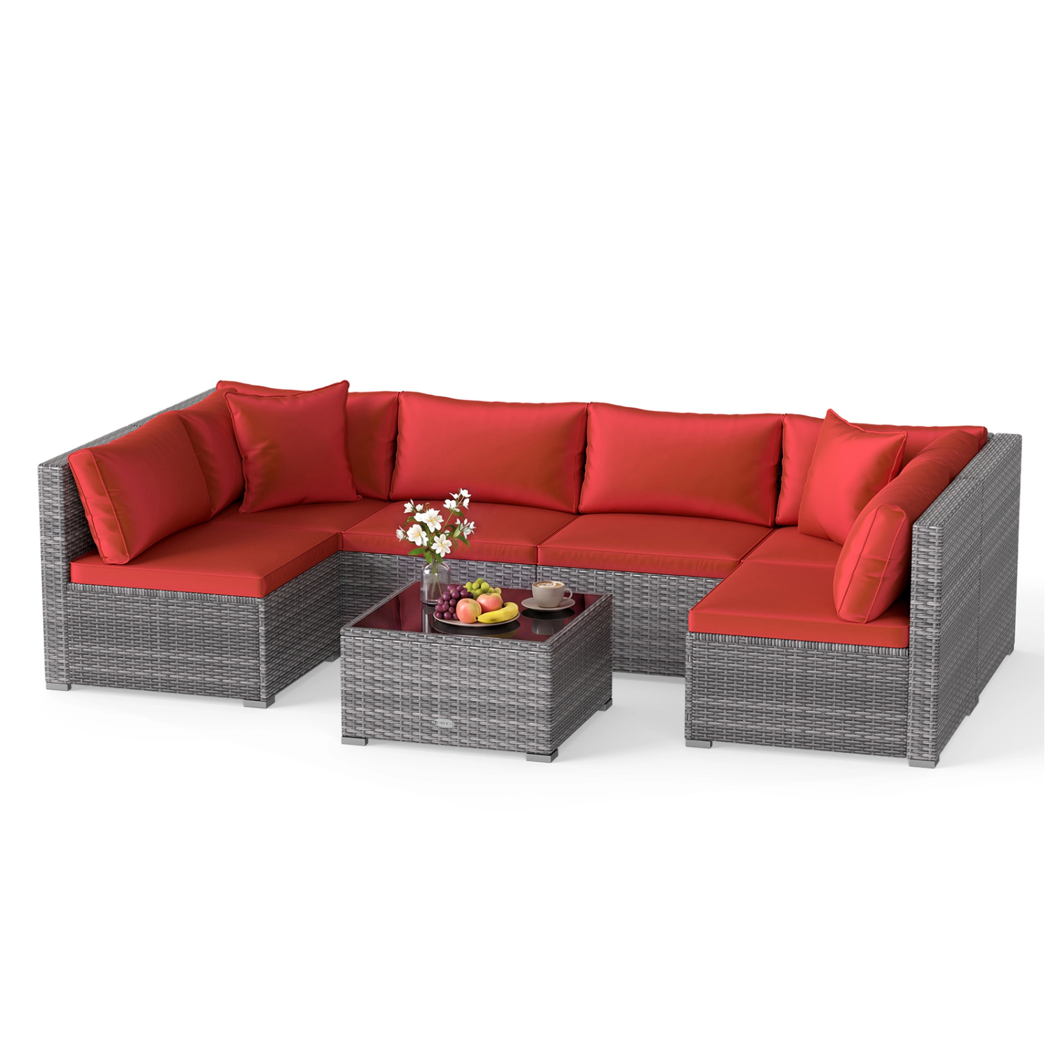 LJG 7-Piece PE Rattan Patio Set with Glass Table & Soft Cushions for Outdoor