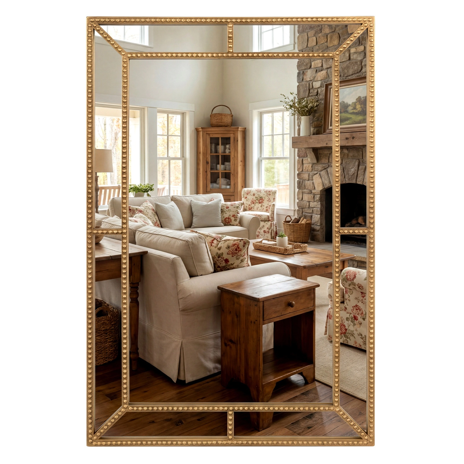 SUGIFT Gold 36-in x 24-in Rectangle Wall Mirror with Beaded Metal Frame Decorative for Living Room
