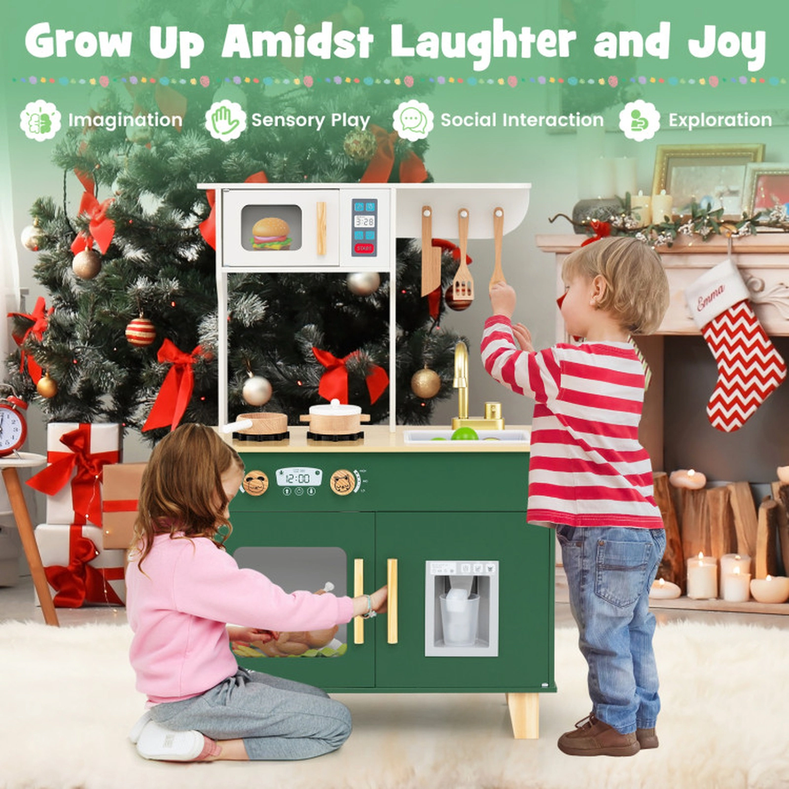SUGIFT Kids Play Kitchen Wooden Playset with Microwave Ice Dispenser and 5 Accessories