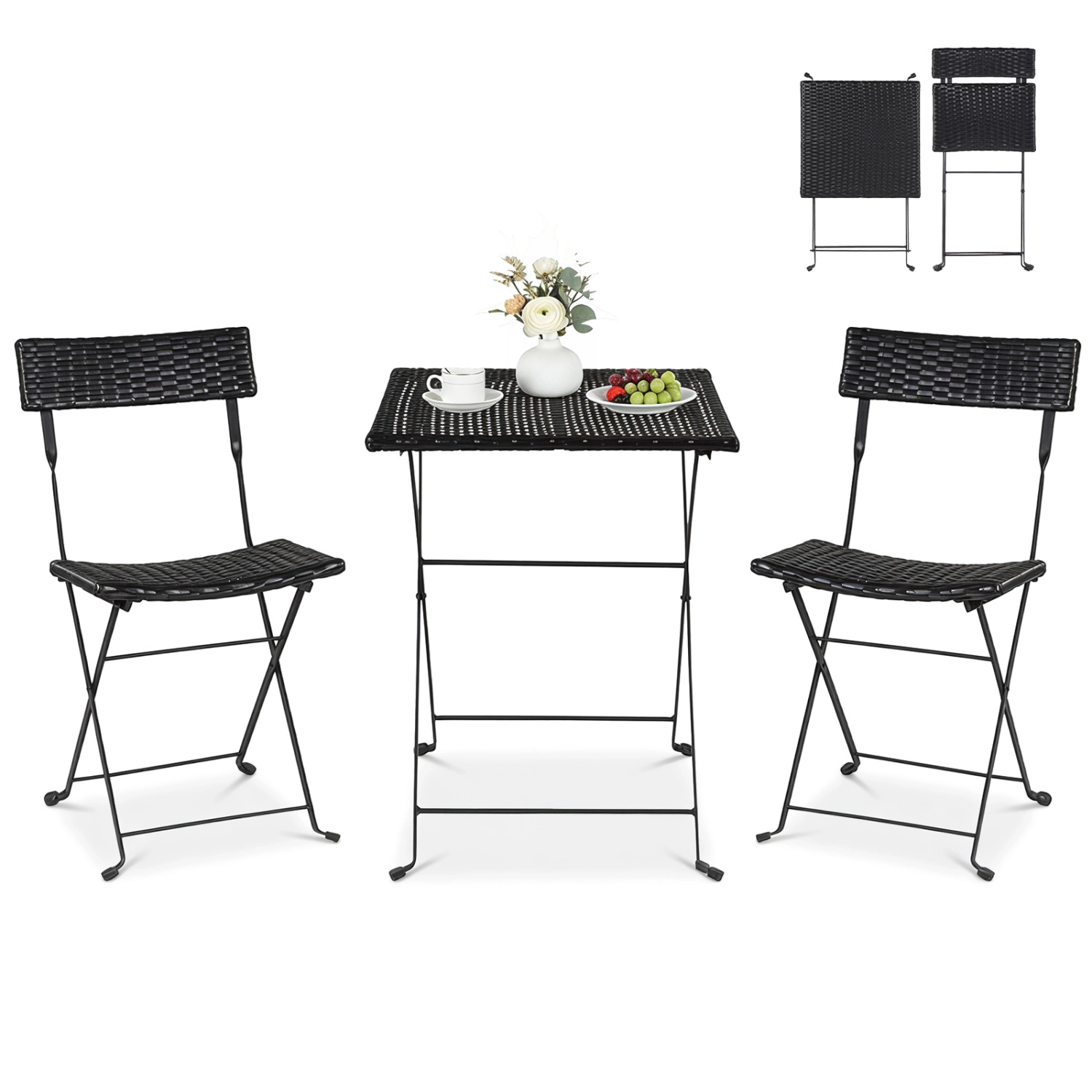 LJG 3-Piece Folding Bistro Set with PE Wicker and x-Shaped Metal Frame