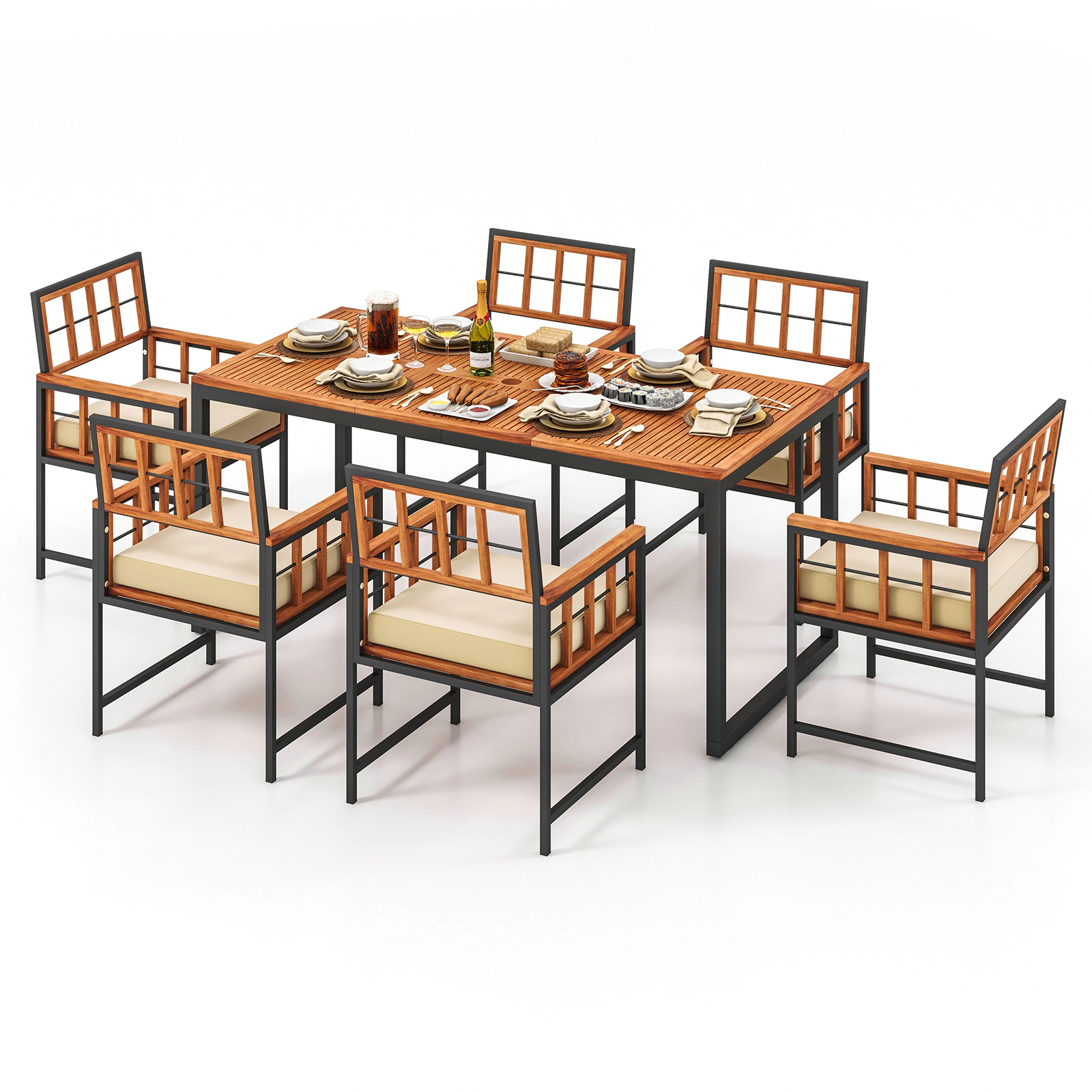 SUGIFT 7-Piece Acacia Wood Patio Dining Set, 67-in Table, 6 Cushioned Armchairs