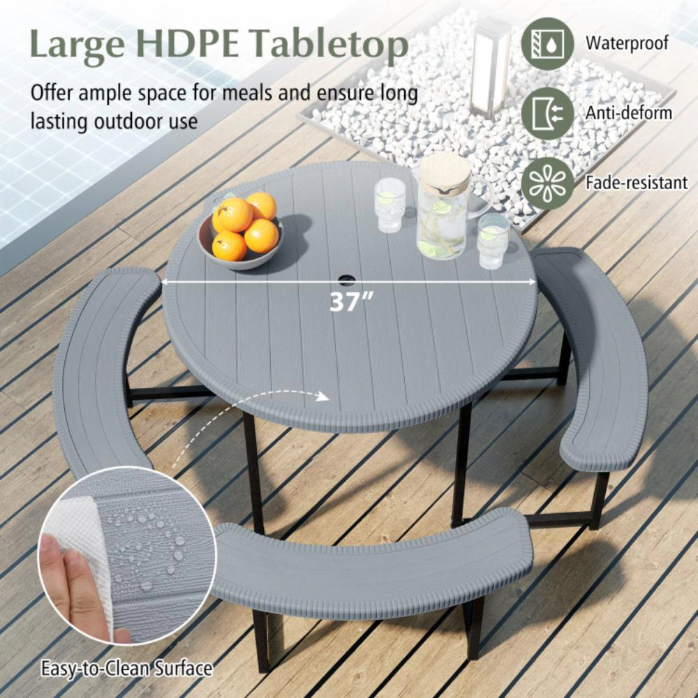 Hivvago Round Picnic Table Bench Set With 4 Benches And Umbrella Hole For Patio Lawn