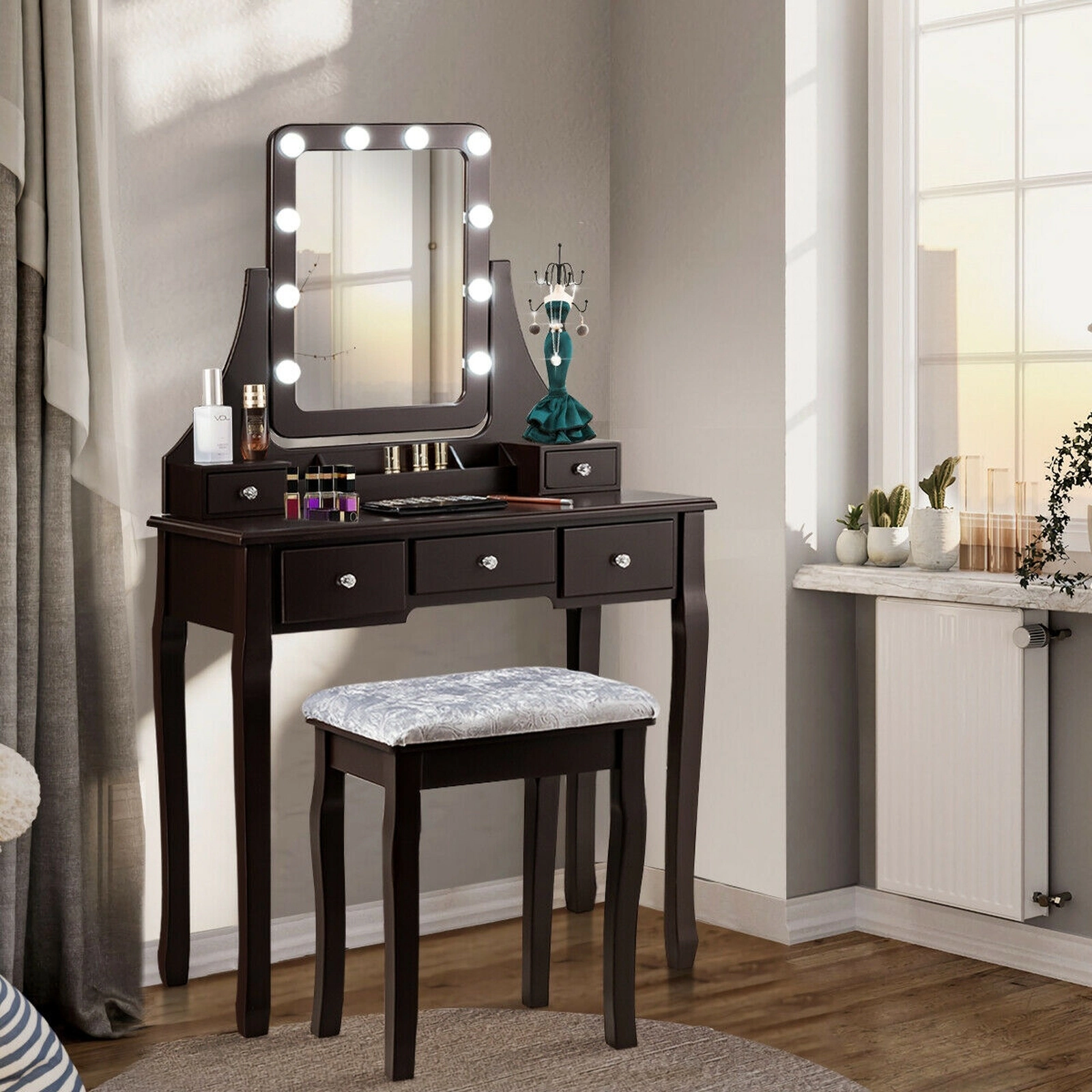 SUGIFT Vanity Dressing Table Set with 10 Dimmable Bulbs and Cushioned Stool 220-Lb Capacity Brown