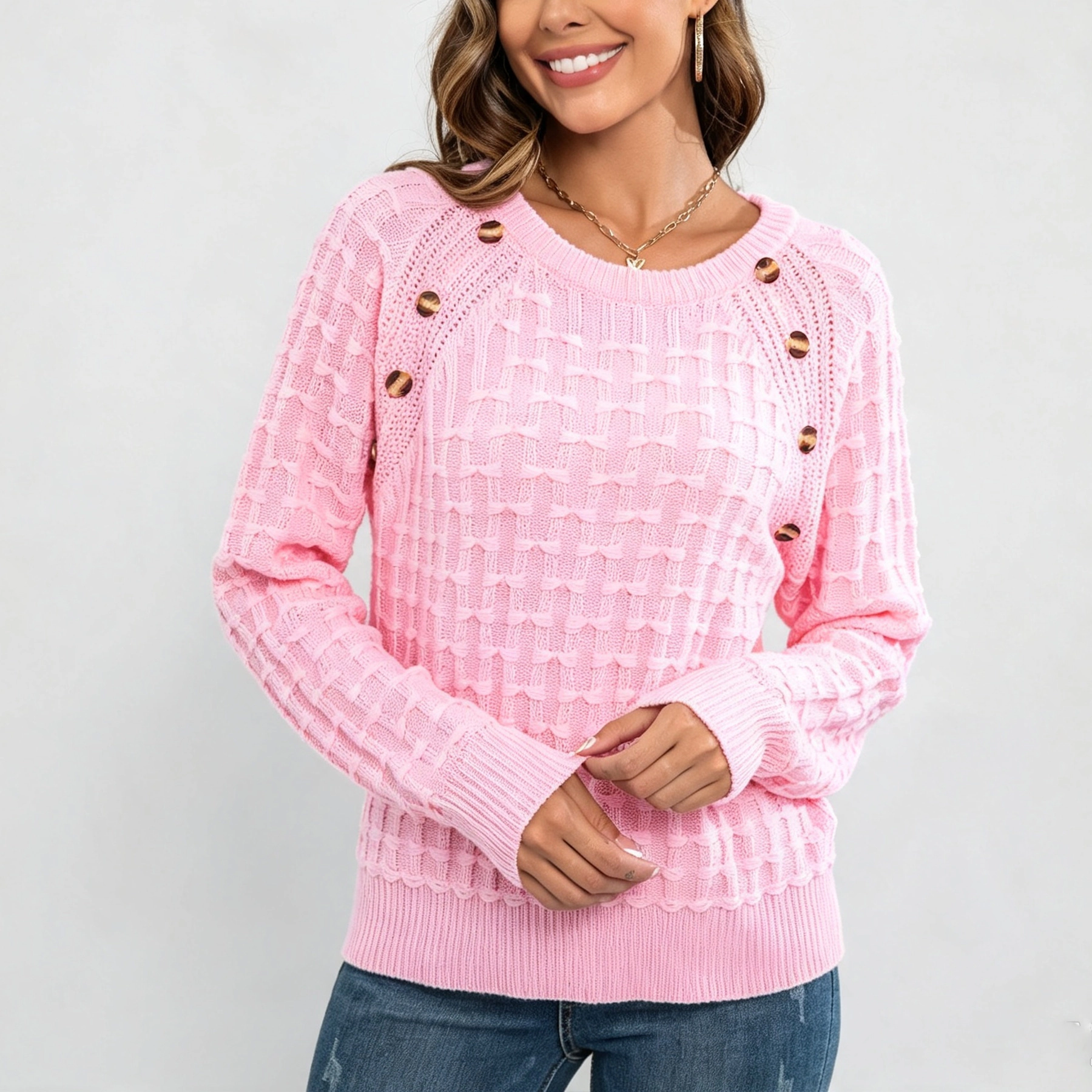 YesFashion Women's Button Front Cable Knit Pullover Sweaters Crew Neck Long Sleeve Textured Jumper Tops