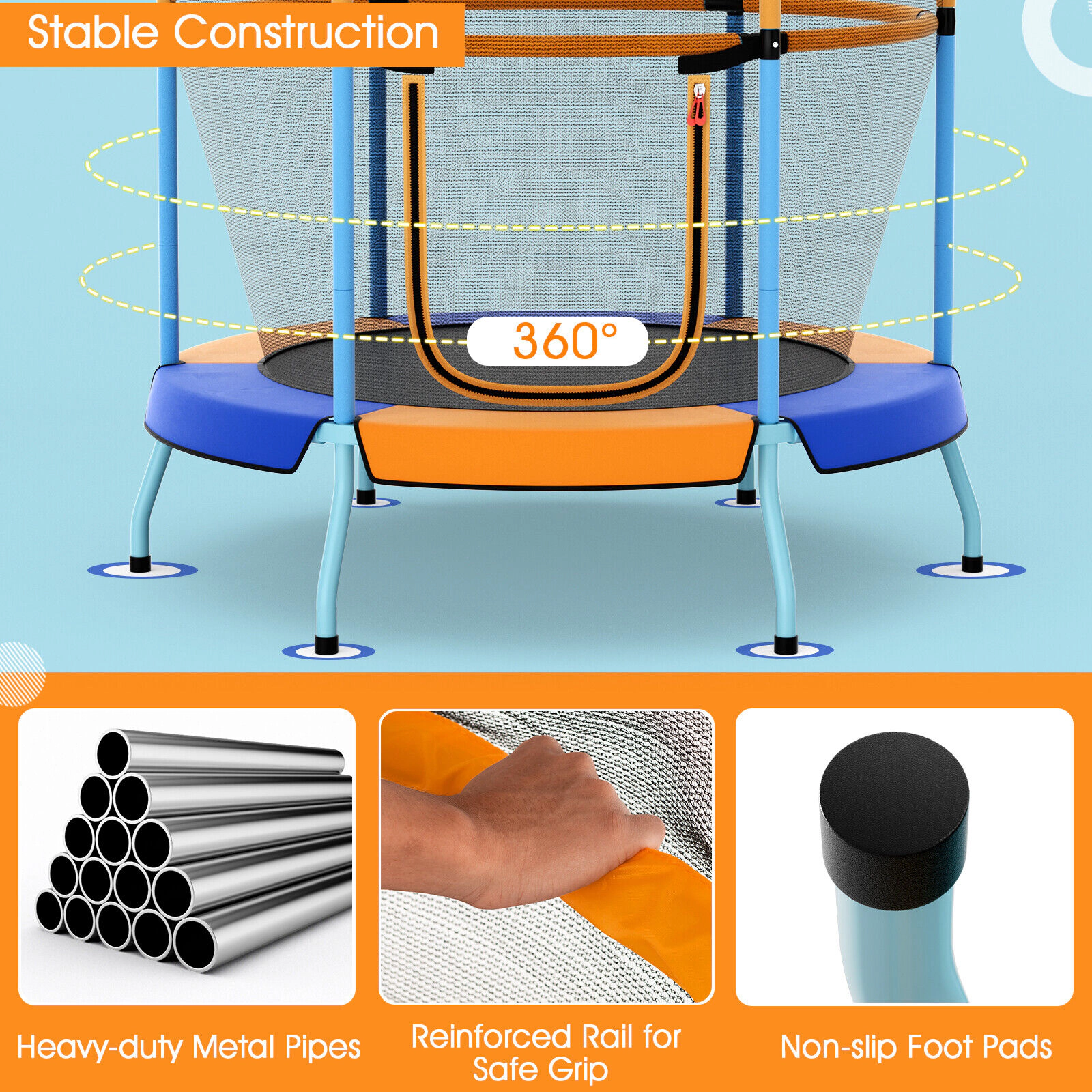 SUGIFT 48-in Toddler Trampoline with Safety Enclosure Net 265-lb Capacity Ages 3-6 Years 52-in Frame Blue and Orange