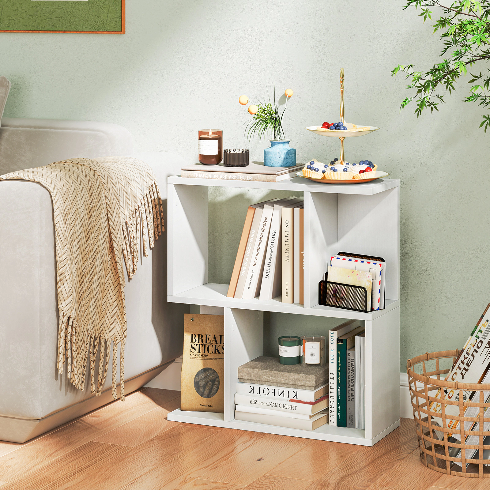 SUGIFT 3-Tier White 22-in Narrow Bookshelf Side Table with Display Shelves for Small Spaces and Bedroom