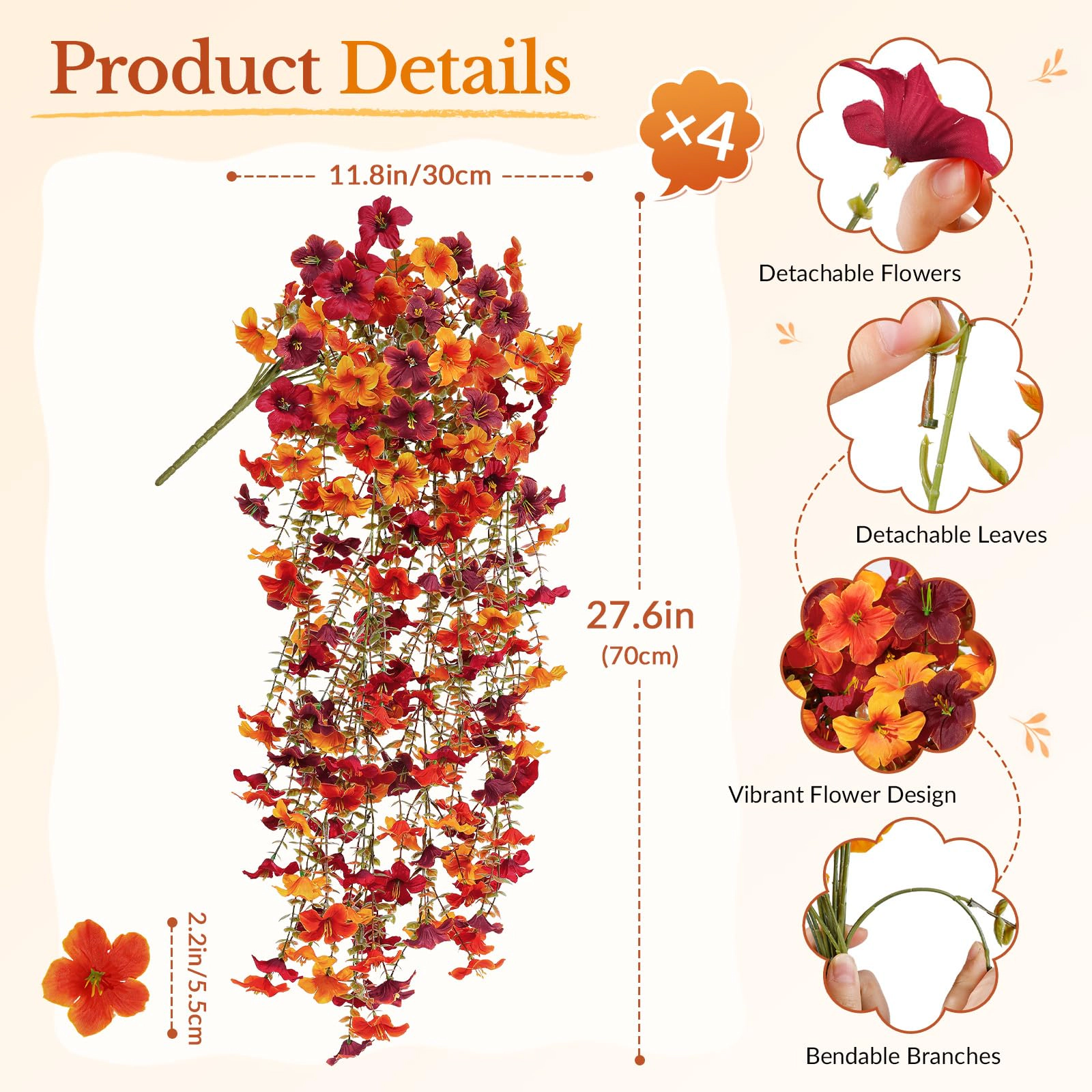 PUPWE 4 Upgrade Big Artificial Hanging Fall Flowers For Outdoors Decorations