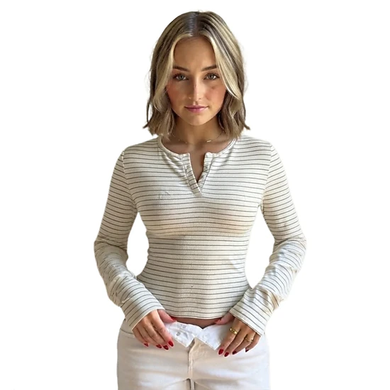 Coolmee Women's Fashion Casual Striped Round Neck Slim Fit Long Sleeve Top All Season