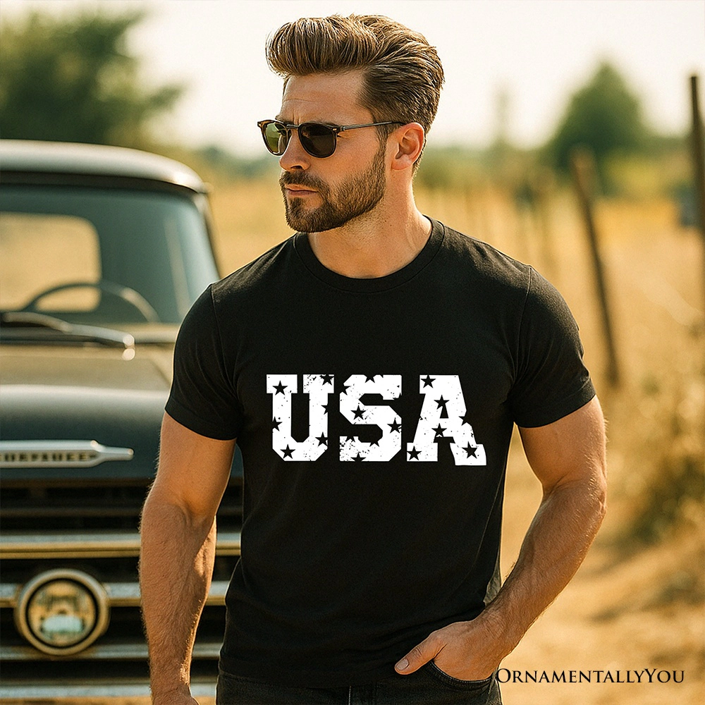 OrnamentallyYou Unisex USA Block Letters Independence Day T-Shirt