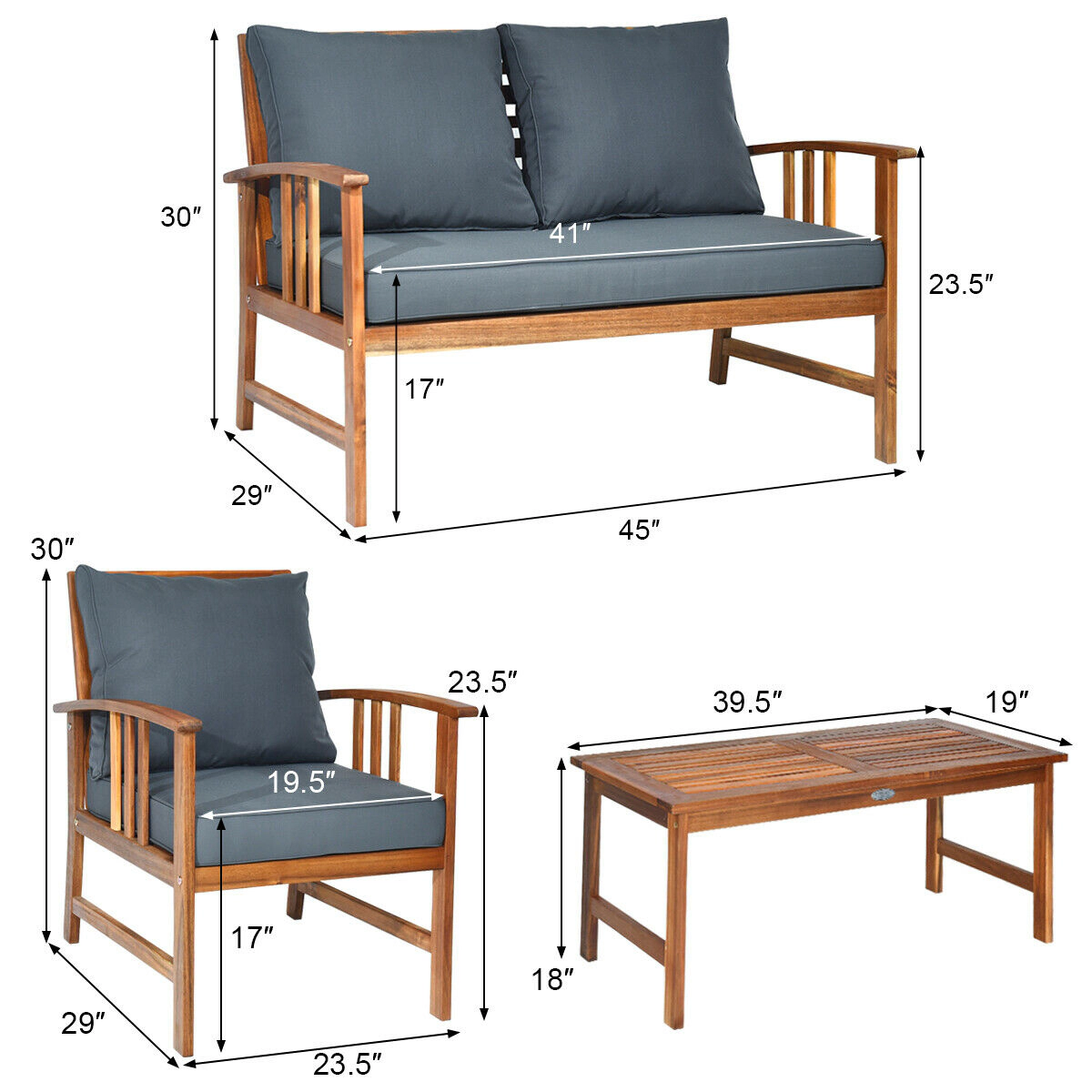 SUGIFT 4-Piece Acacia Wood Patio Furniture Set, Loveseat, 2 Chairs, Table, 7 Cushions